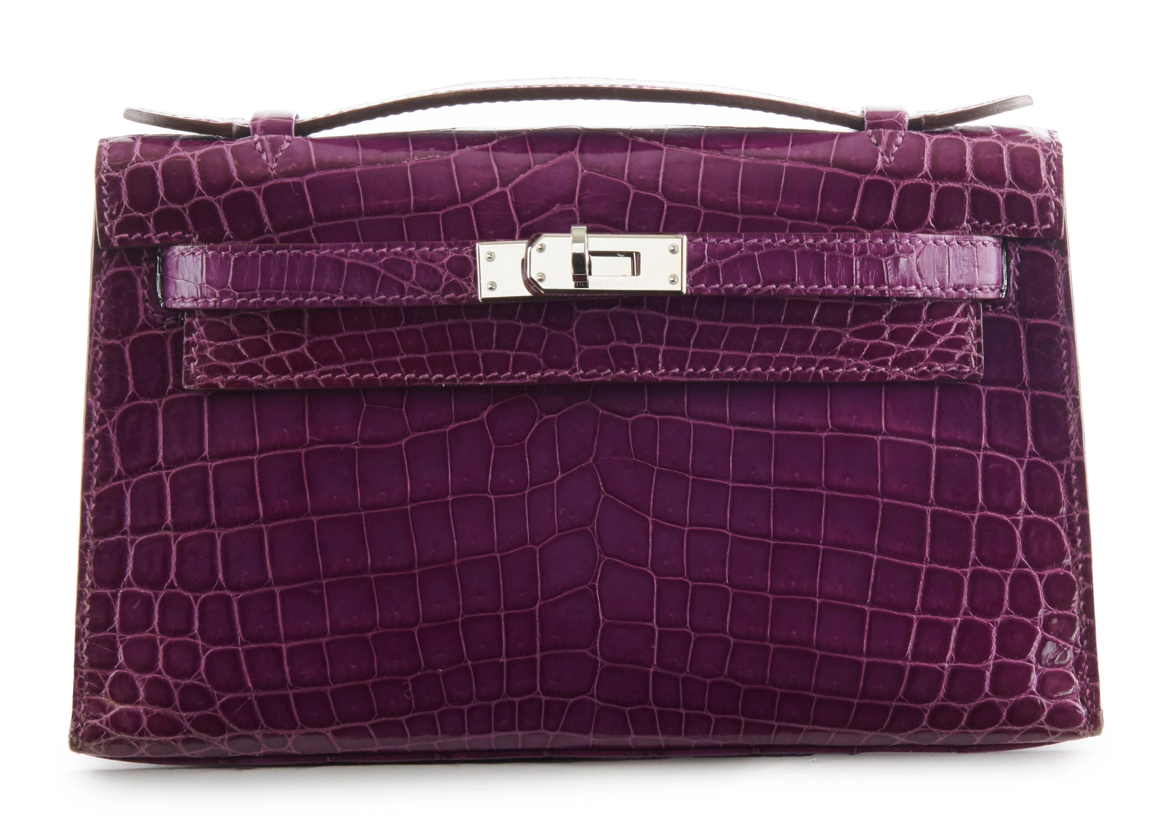 HERMÈS 2007 Pochette KELLY Crocodile du Nil violet...