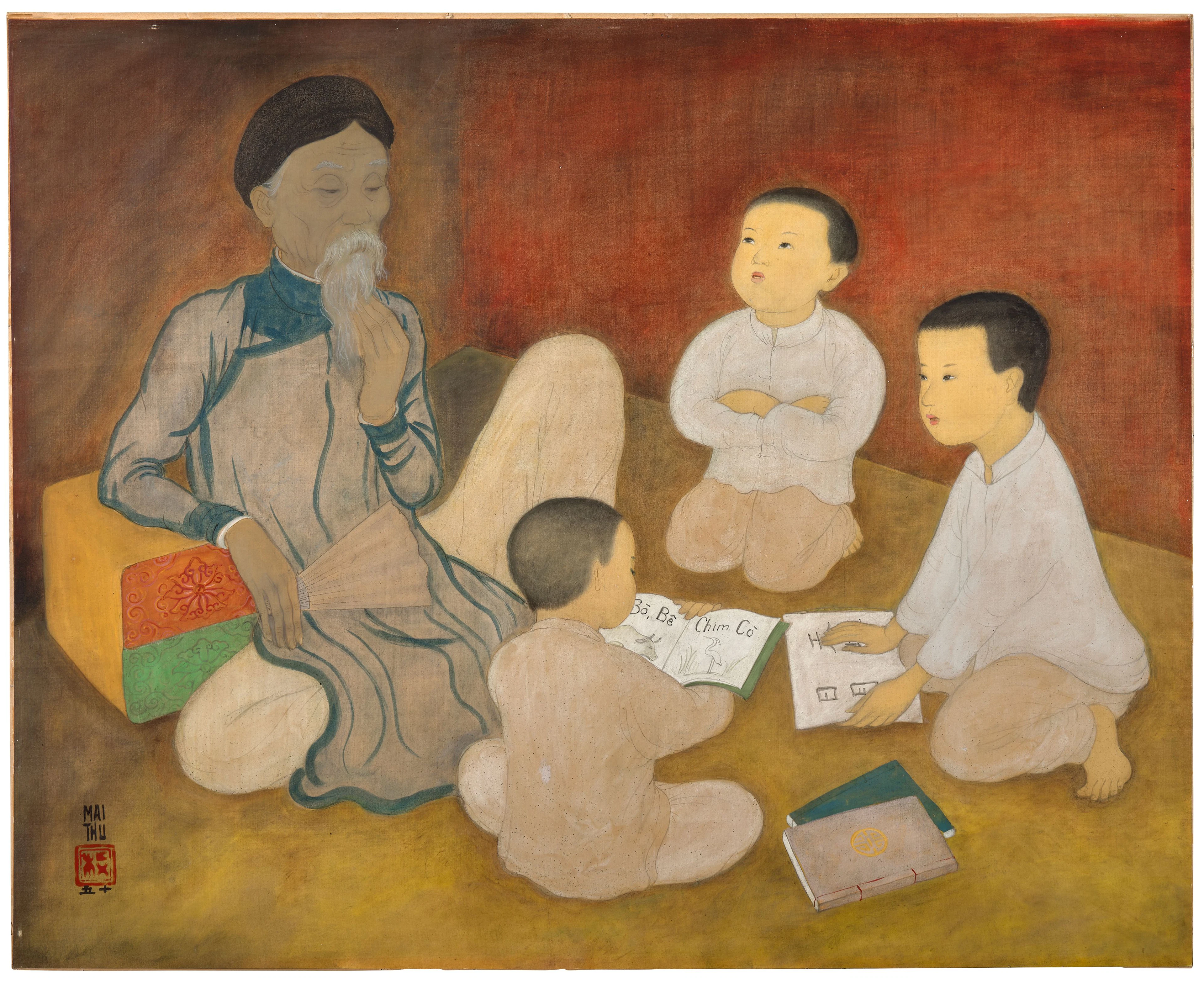MAI TRUNG THU 1906-1980 La leçon d'école - 1950 Gouache et encre sur soie