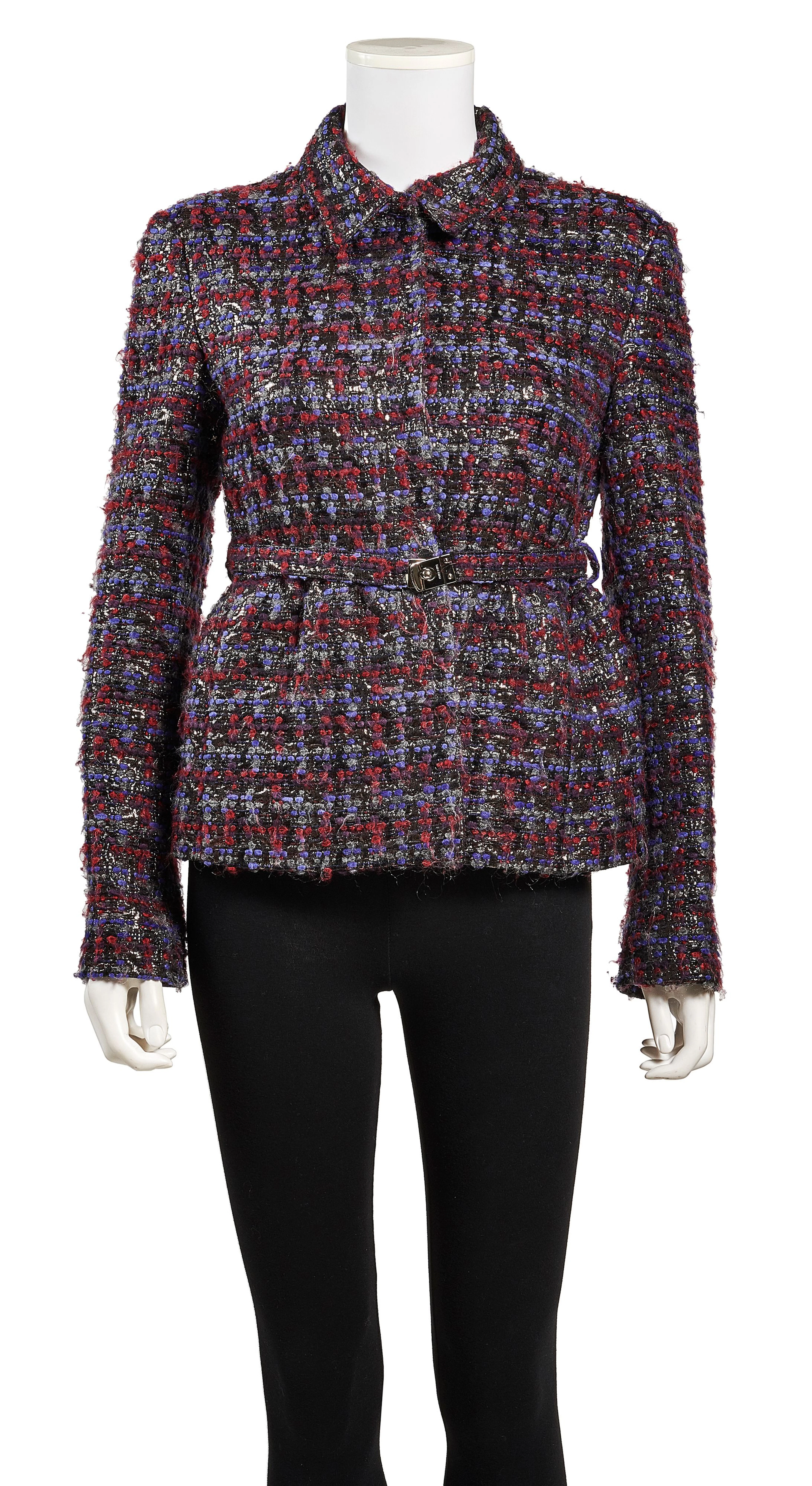 MIU MIU Veste en tweed de laine bordeaux et violet rehaussée de lurex argenté
