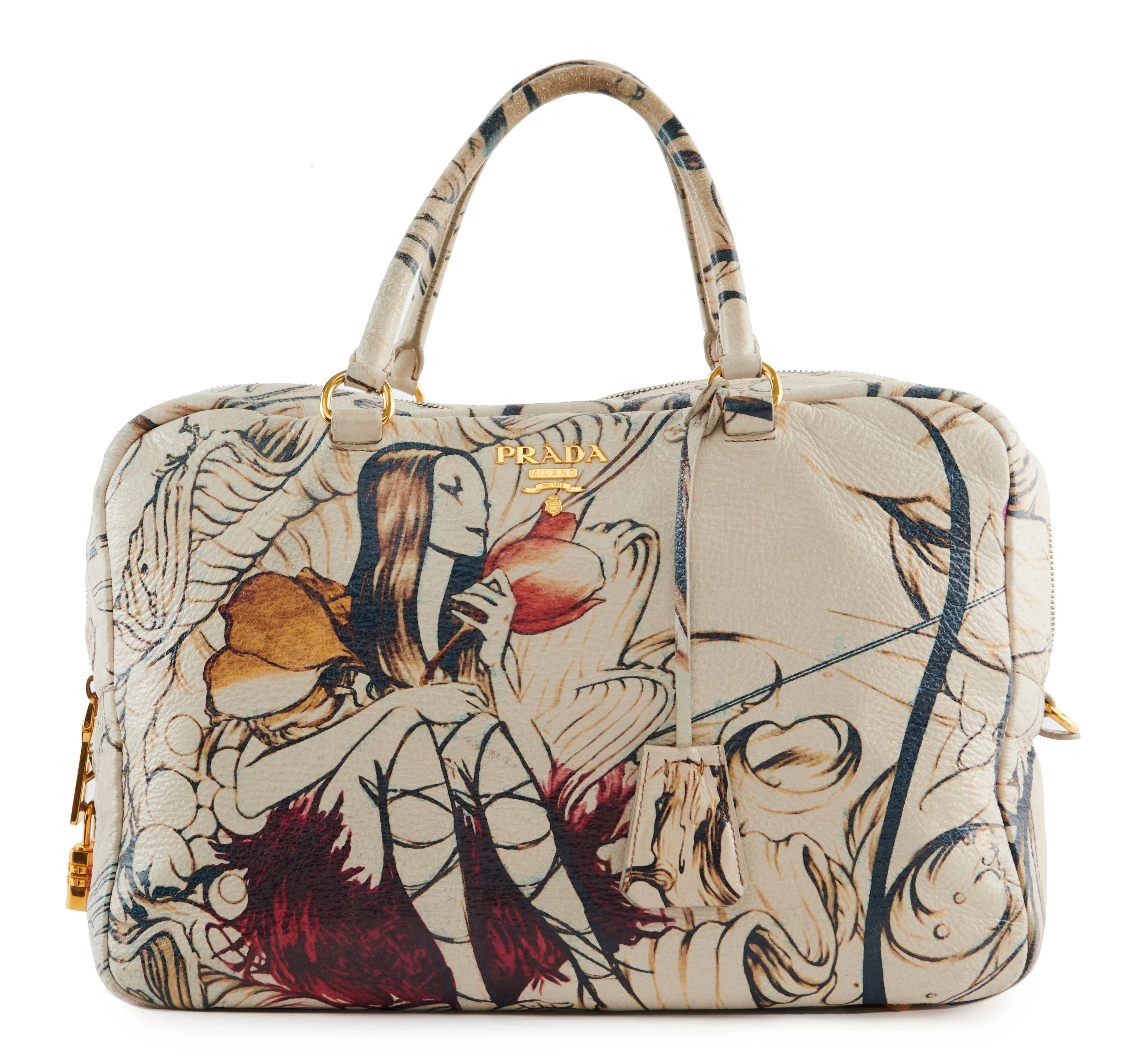 PRADA Sac Cuir beige à imprimés de fleurs et de nymphes...