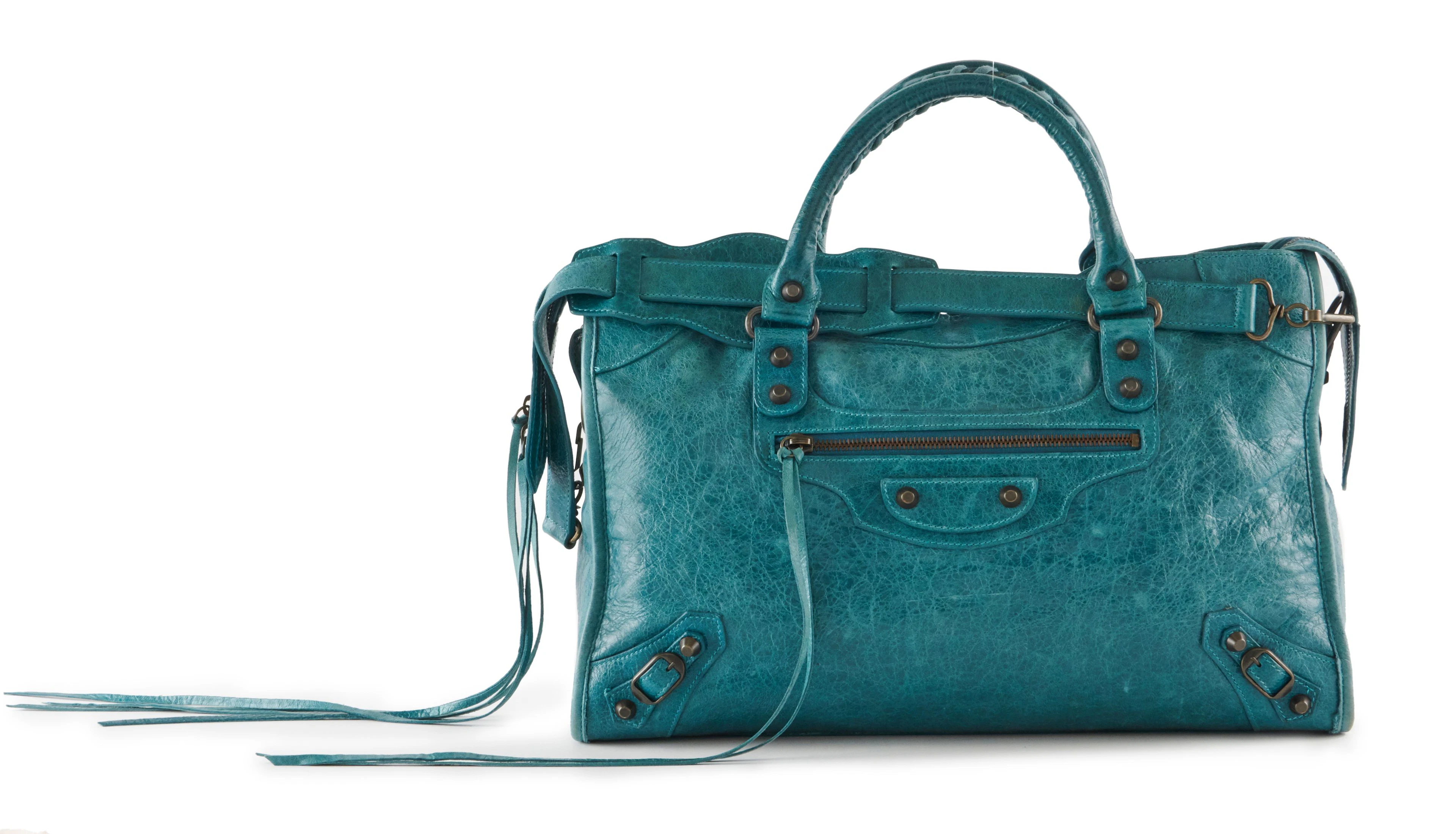 BALENCIAGA Sac CITY Cuir vieilli bleu Garniture métal...