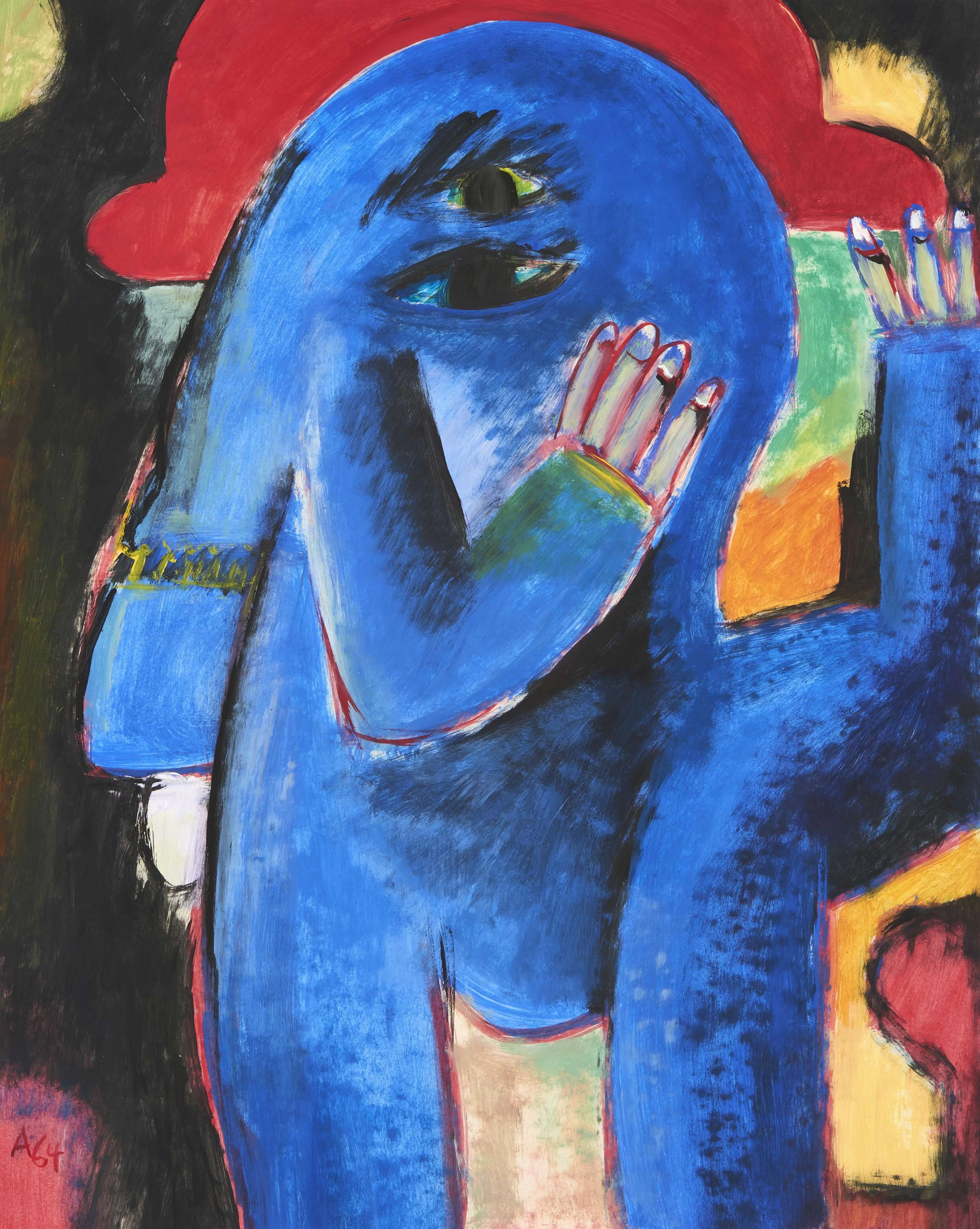 ECOLE CONTEMPORAINE Personnage en bleu Gouache,