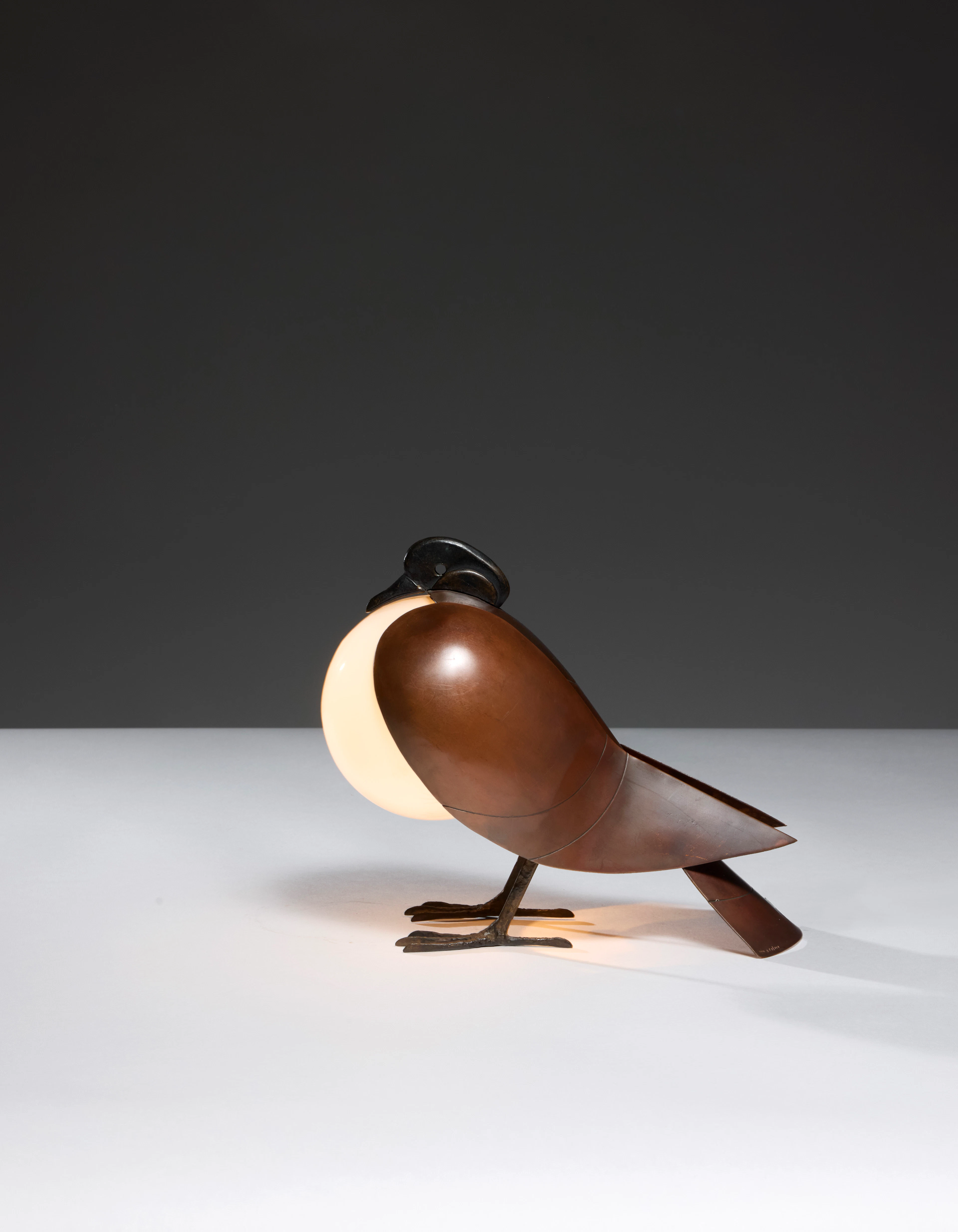 A patinated copper and opal glass “Pigeon” lamp by François-Xavier Lalanne