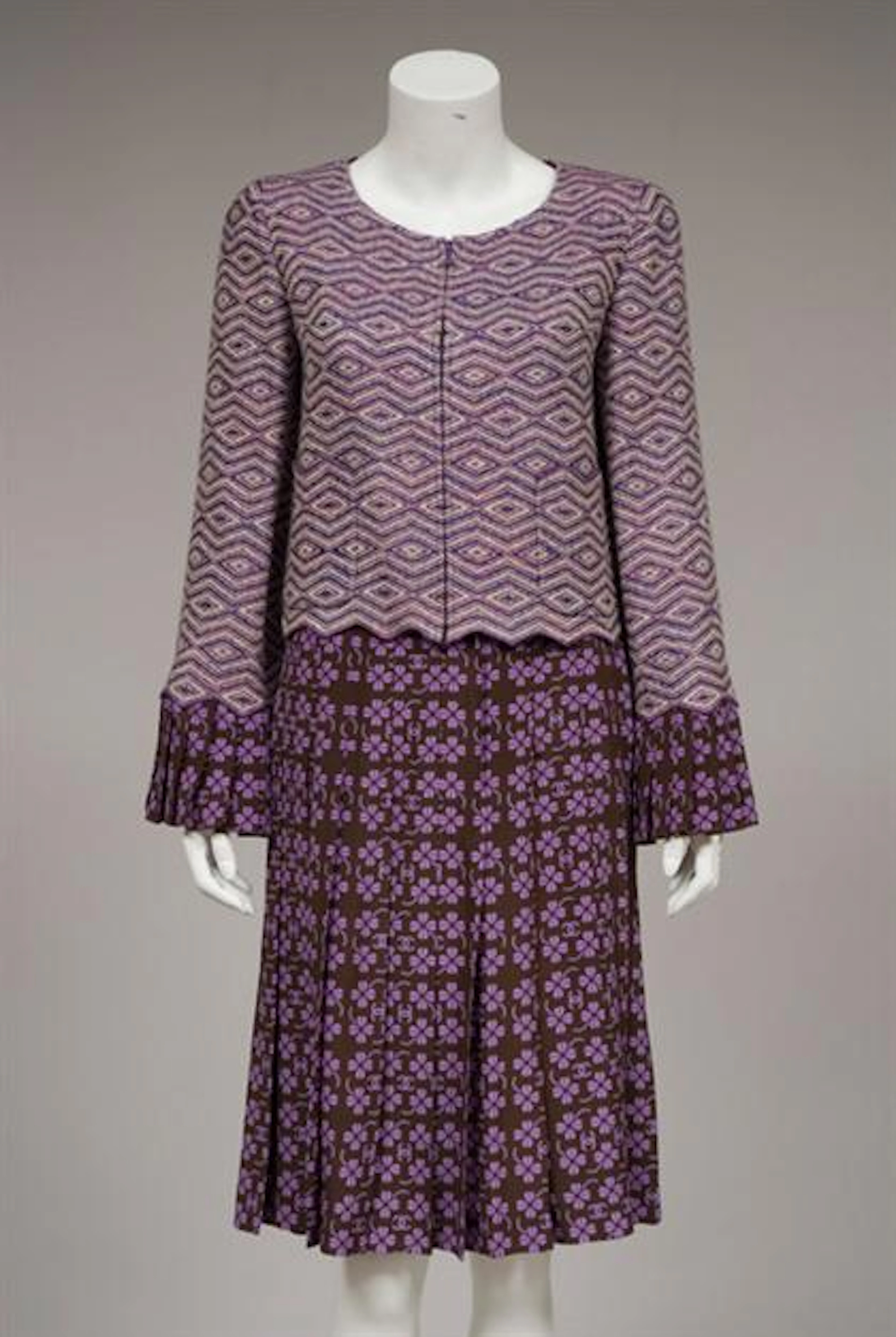 Chanel silk print and tweed skirt suit and matching blouse, spring 2001