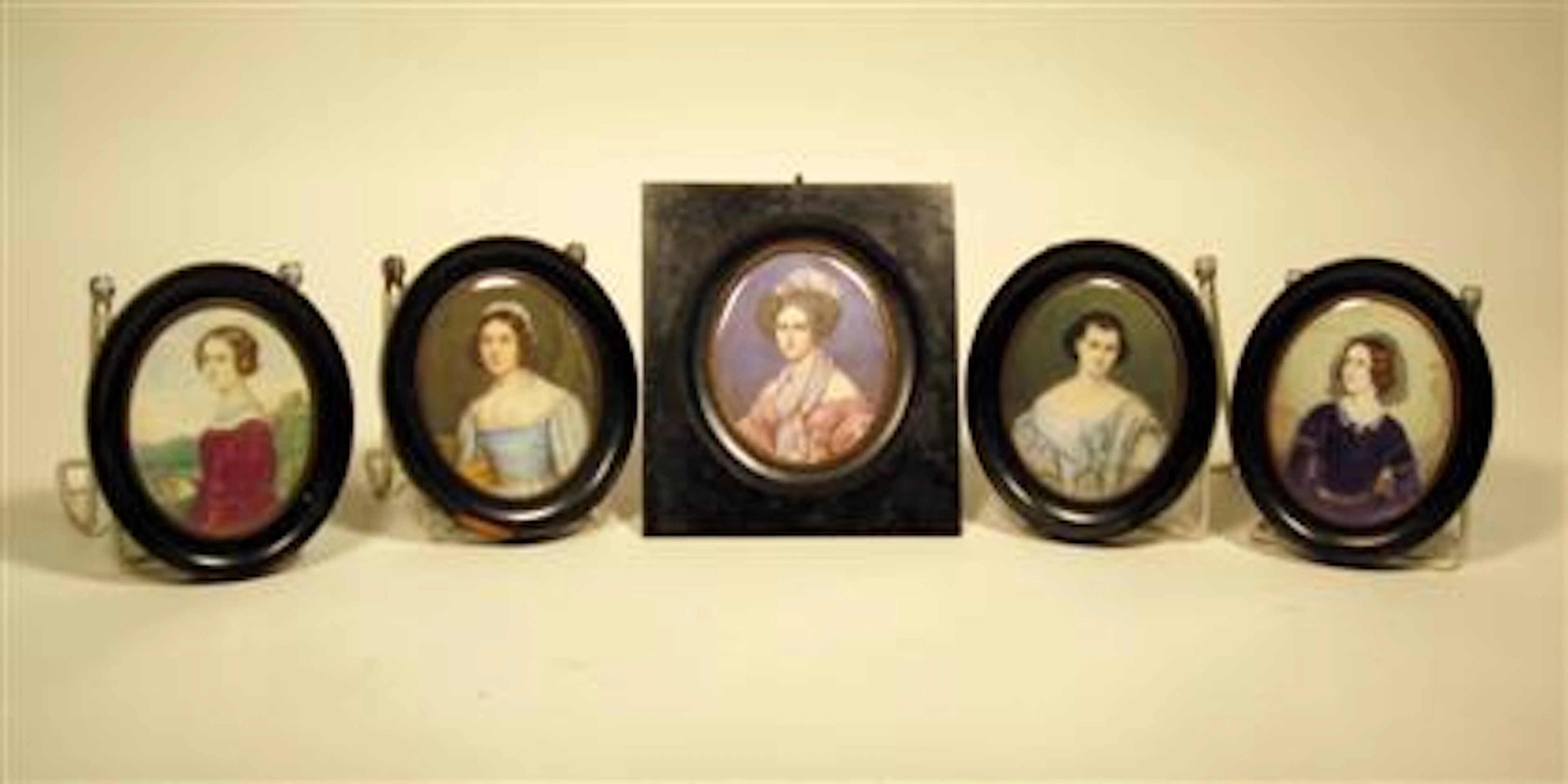 Group of five German miniature portraits of beauties, 19th century