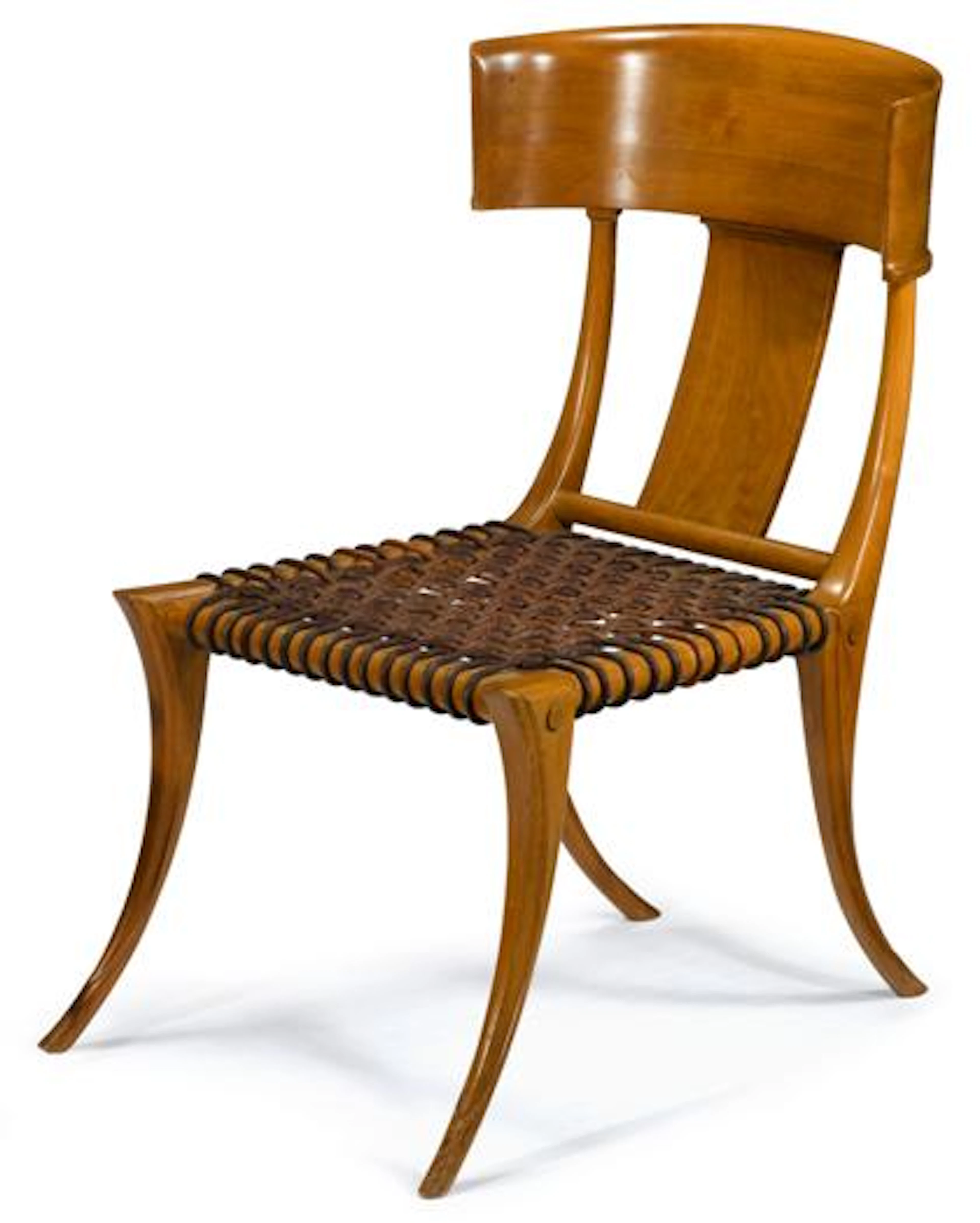 Having A Curved Straight Crestrail And Plain Splat Above Woven Leather Seat On Sabre Legs.