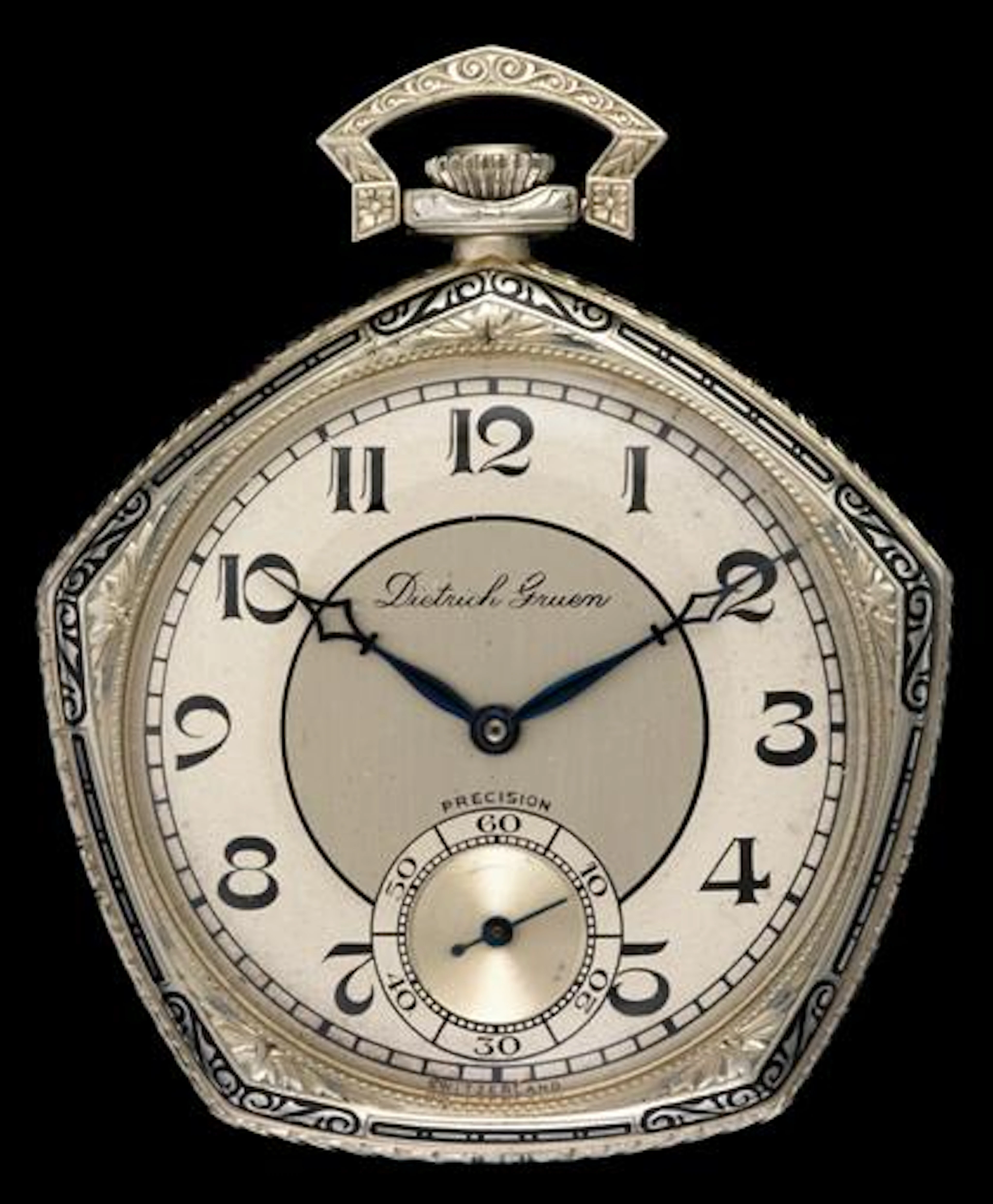 Gentleman's 14 karat white gold pocket watch, Dietrich Gruen, Pentagon shaped case accented by black enamel, silver tone face displaying...
