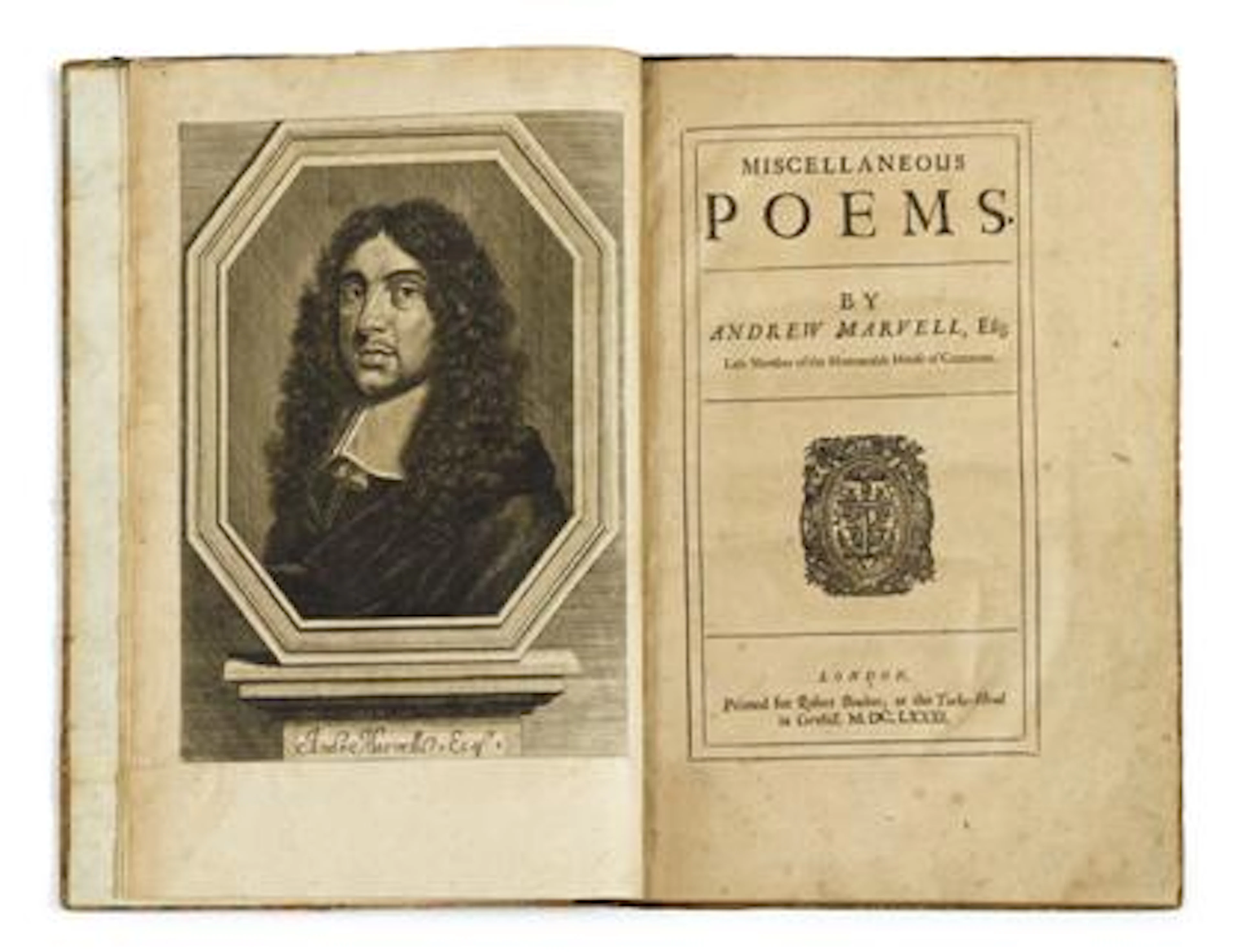 * 1 vol., Marvell, Andrew. Miscellaneous Poems. London: for Robert Boulter, 1681. 1st ed. Folio, early 18th-century sheep-backed marbled...