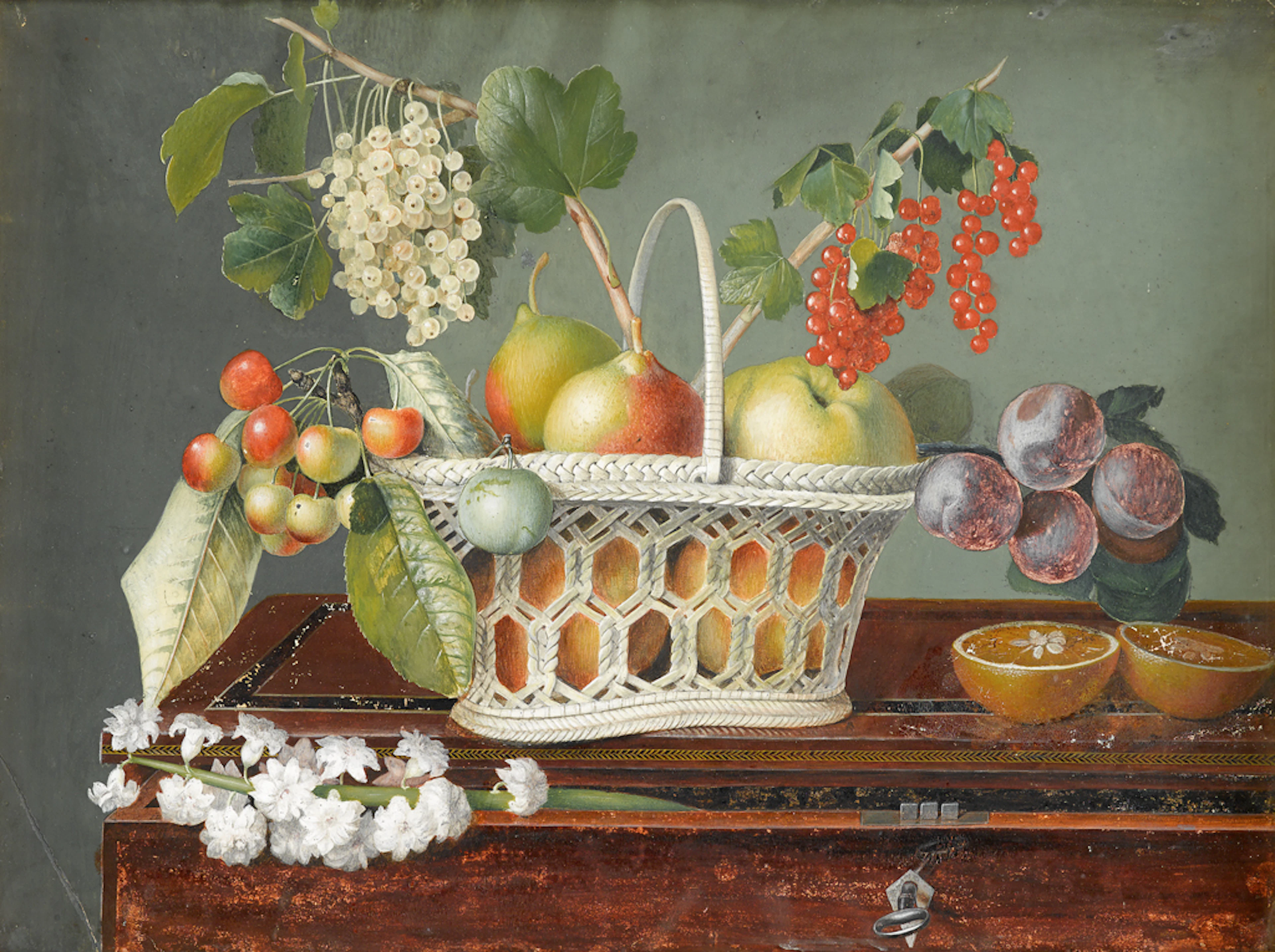 Still Life With Mixed Fruits In A Reticulated Basket
