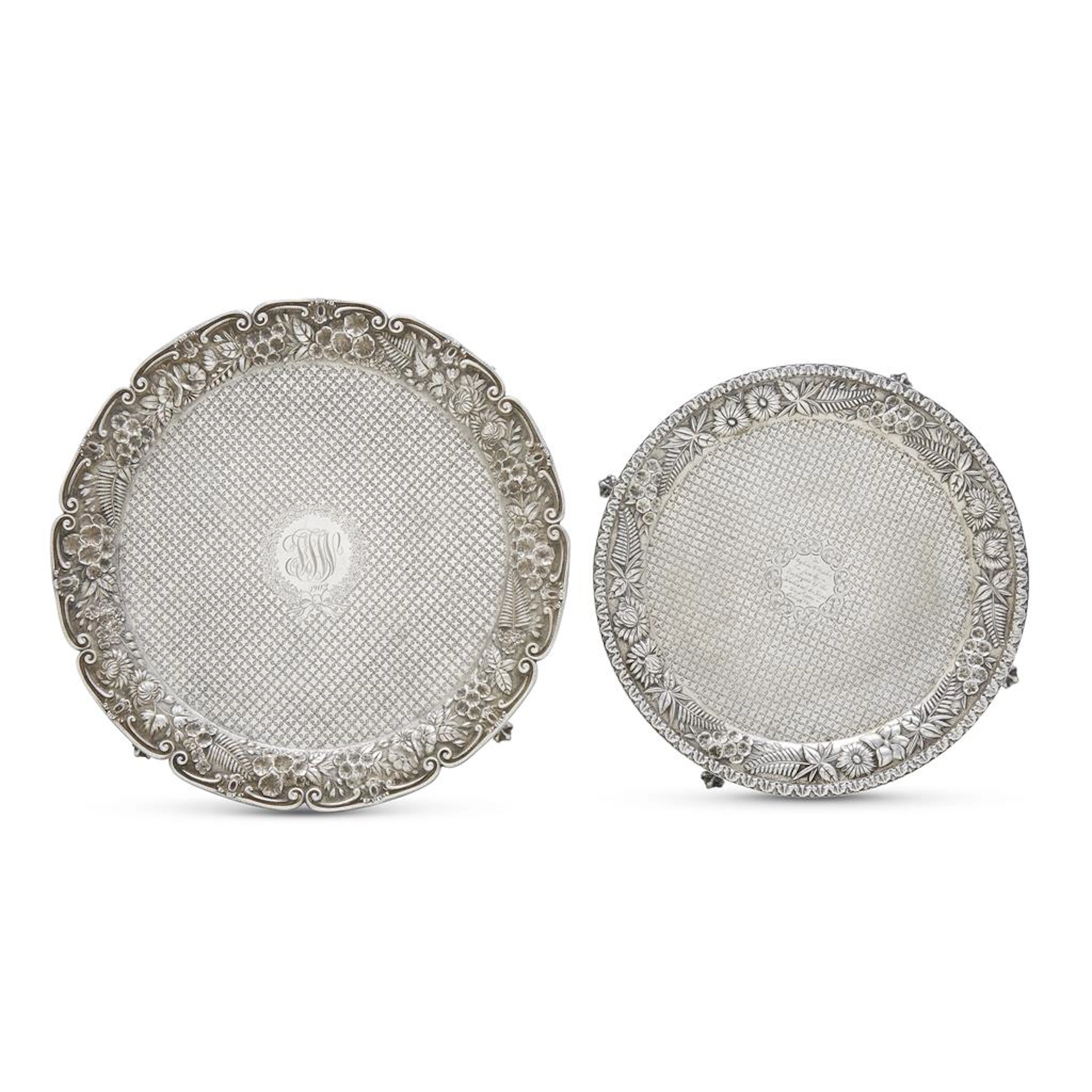 Two sterling silver repoussé salvers from the Winder and Tucker Families of North Carolina, Kirk & Son, Baltimore, MD, late 19th century...