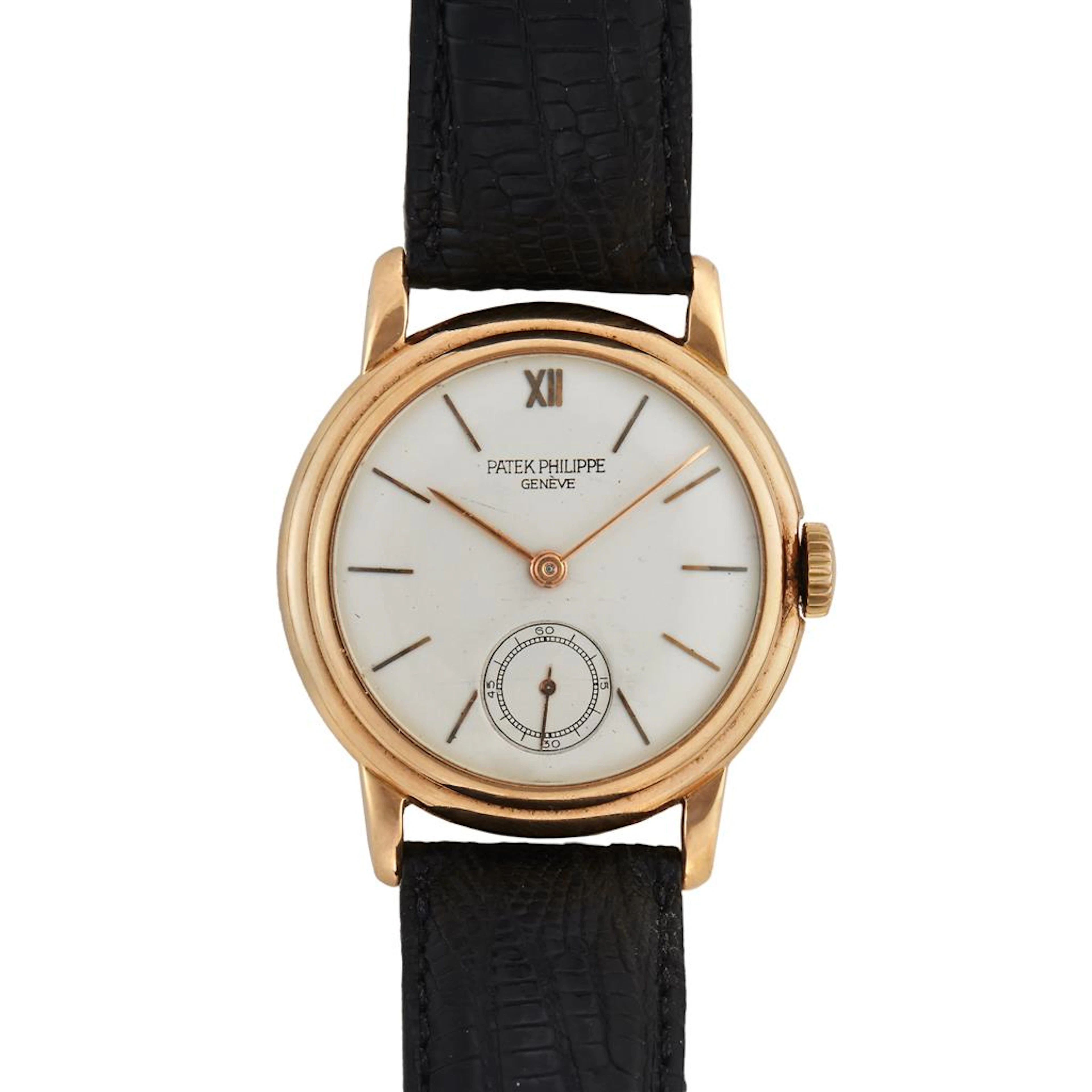 Patek Philippe 18 Karat Gold Ref. 6225 c. 1950, Movement no. 920382 jeweled to the center, screw set, split bi-metallic balance, shock...