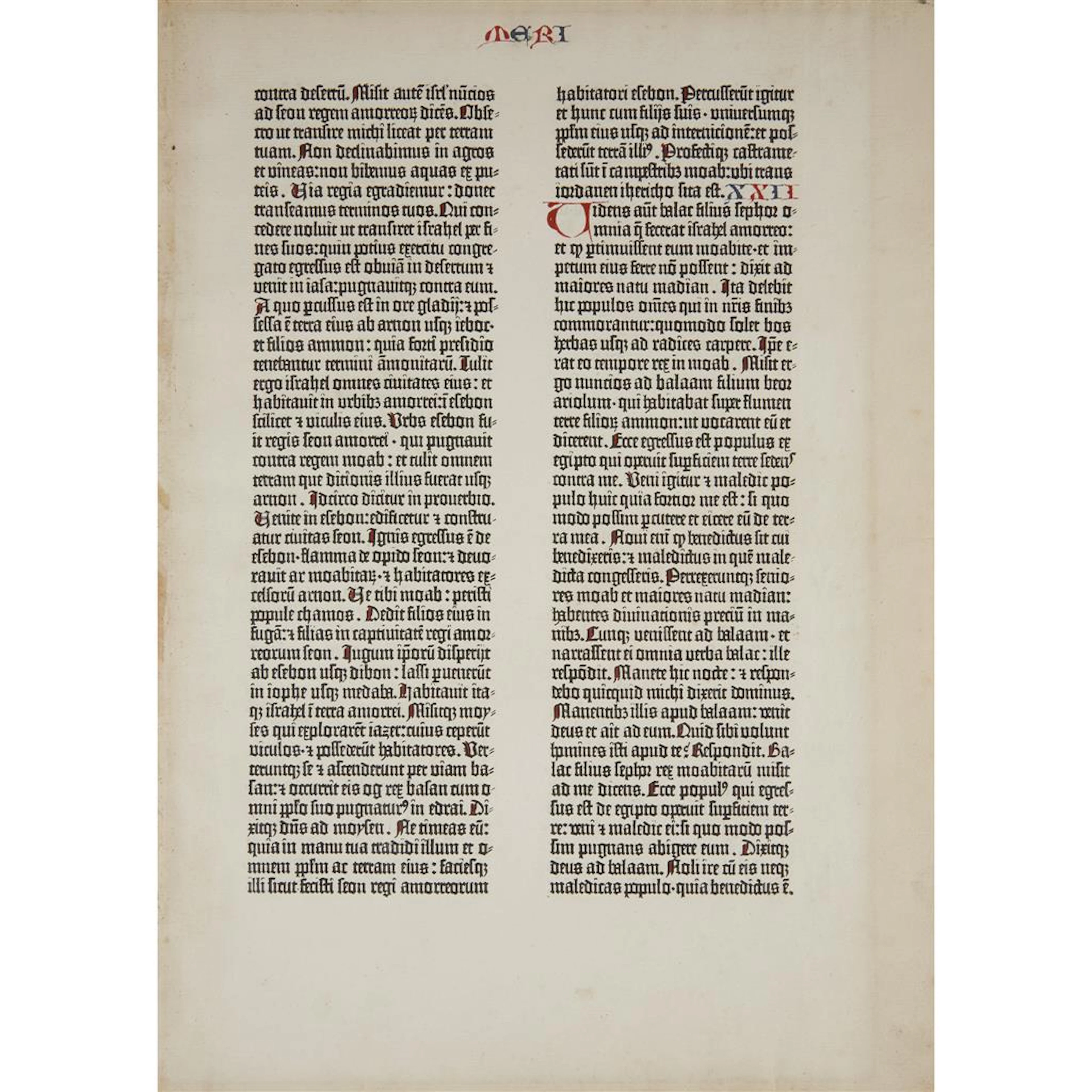 (Sacred Texts) 1 Piece. Bible in Latin. [Mainz: Johann Gutenberg and Johann Fust, 1455]. Single leaf Hebrew Bible pericope, Book of...