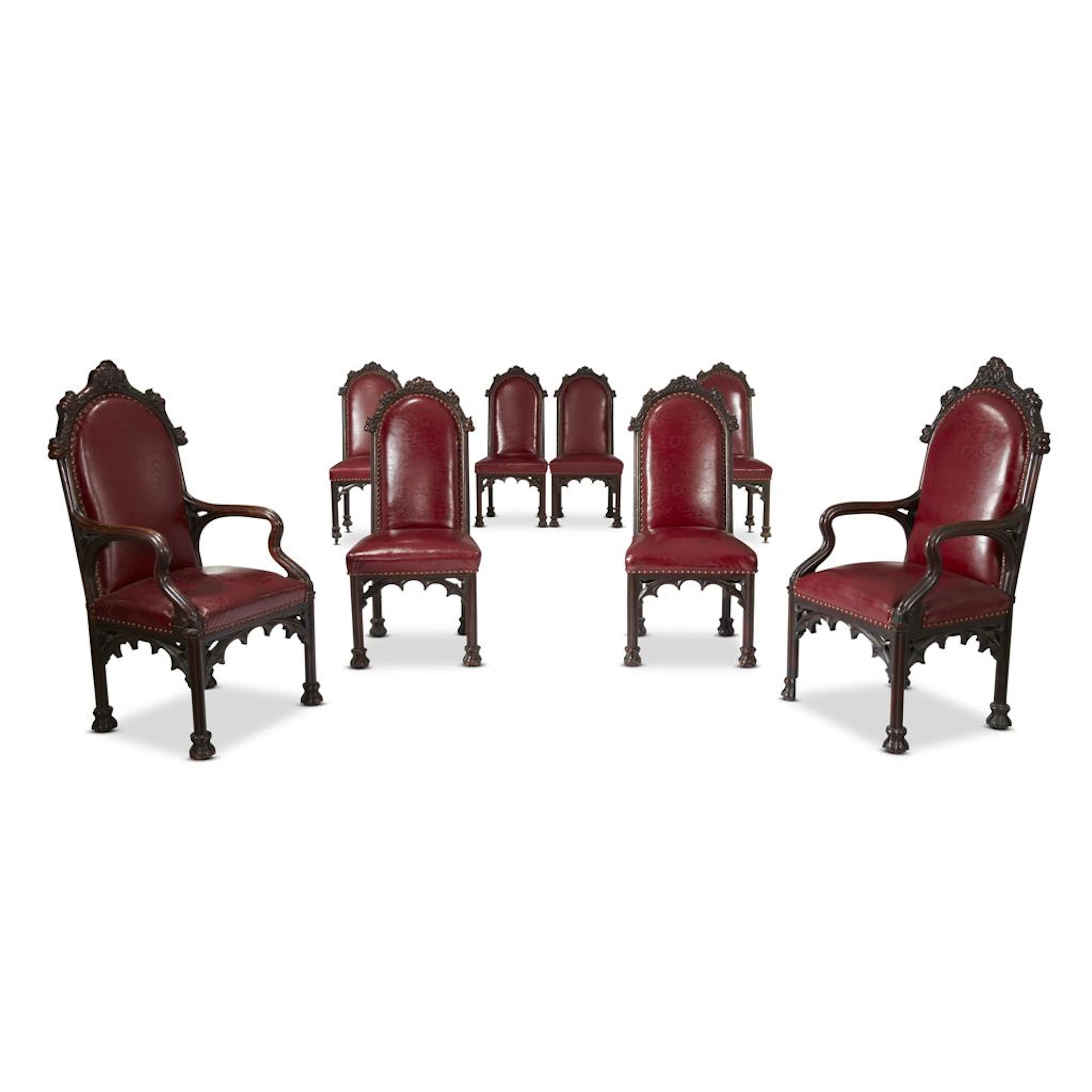 Rare set of eight Herrick-Maynard-Hatch Gothic Revival carved oak dining chairs Designed by