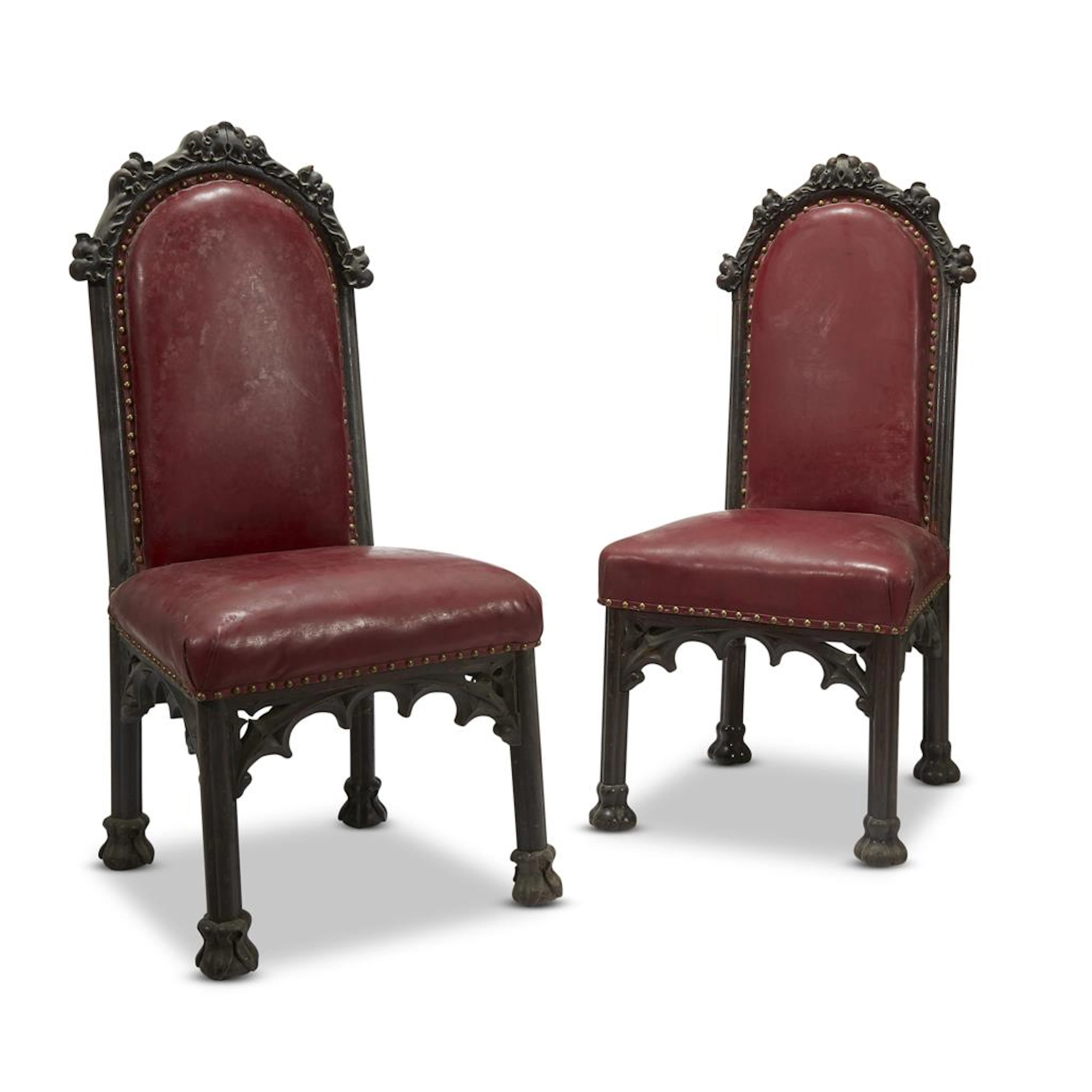 Two Herrick-Maynard-Hatch Gothic Revival carved oak dining chairs Designed by Alexander Jackson
