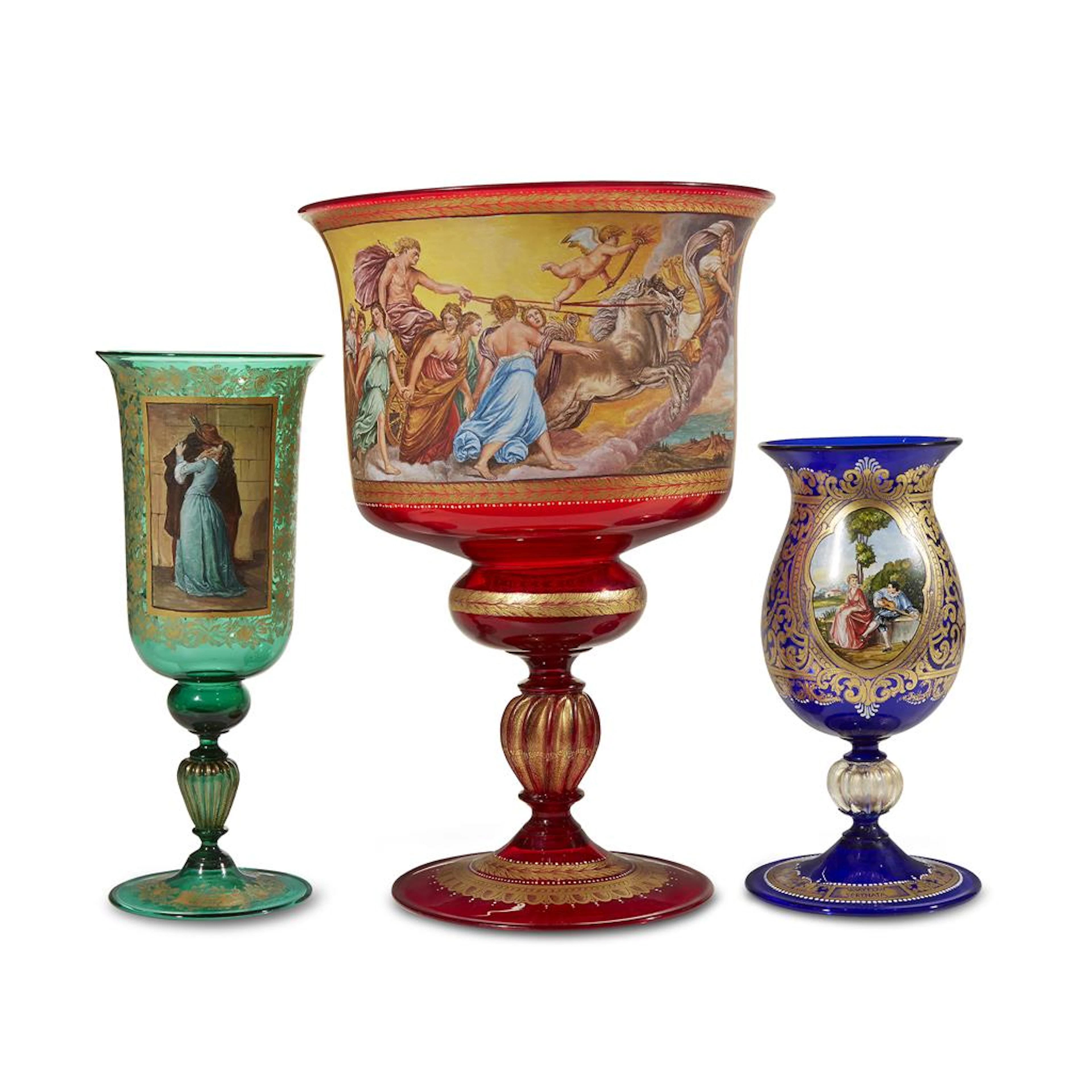 Three Venetian parcel-gilt and painted glass vases, Ars Cenedese Murano, Italy, circa 1920