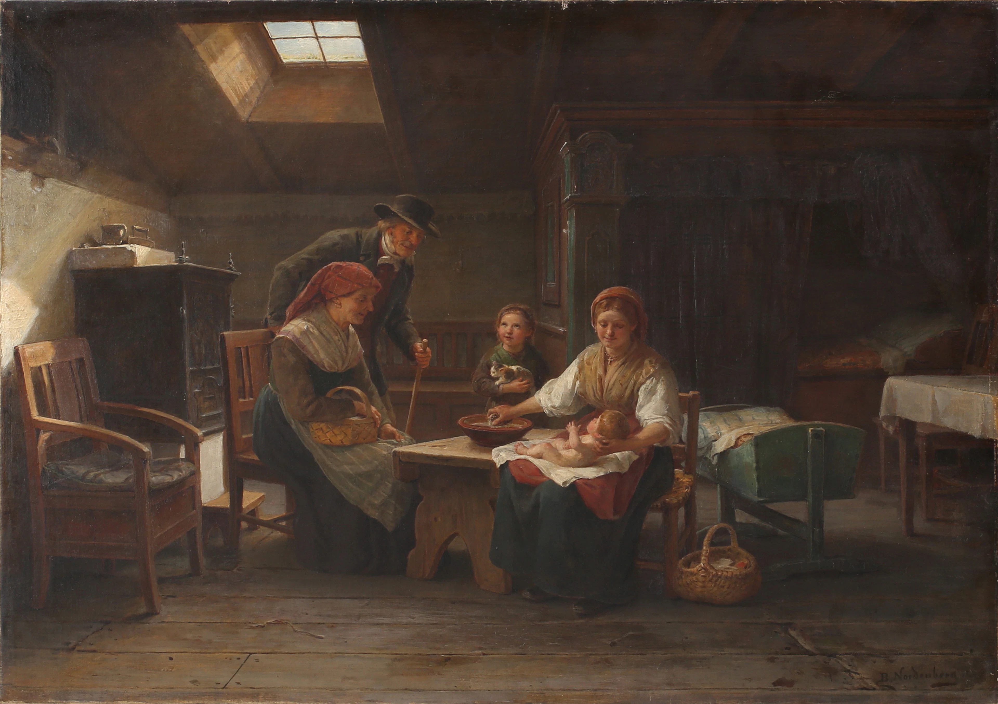 BENGT NORDENBERG (1822-1902). Allmogeinteriör med familjen, olja på duk, signerad B Nordenberg.