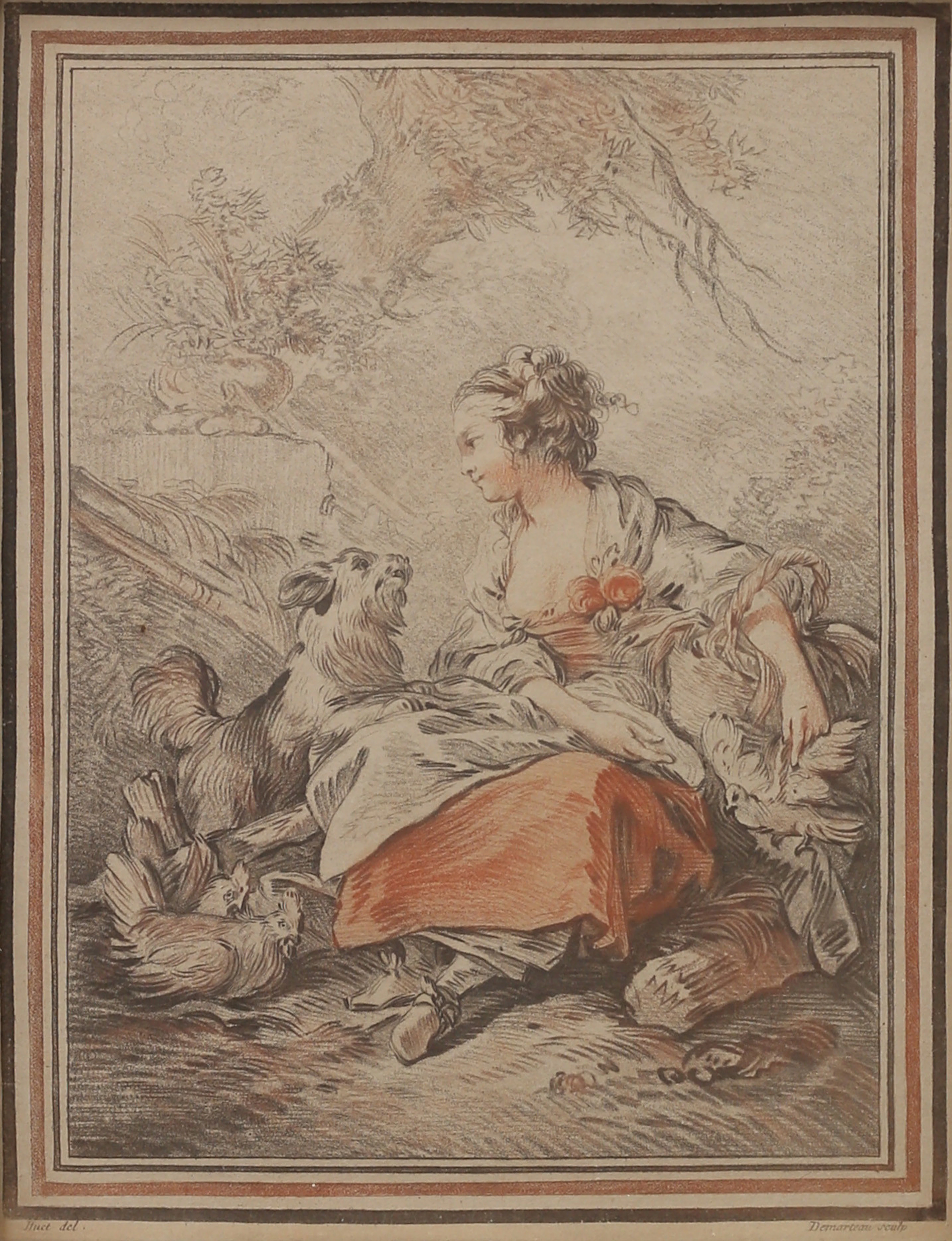 CHRISTOPHE HUET (1700-1759). Sittande kvinna med hund och höns, handkolorerad gravyr/etsning, signerad i trycket Huet.