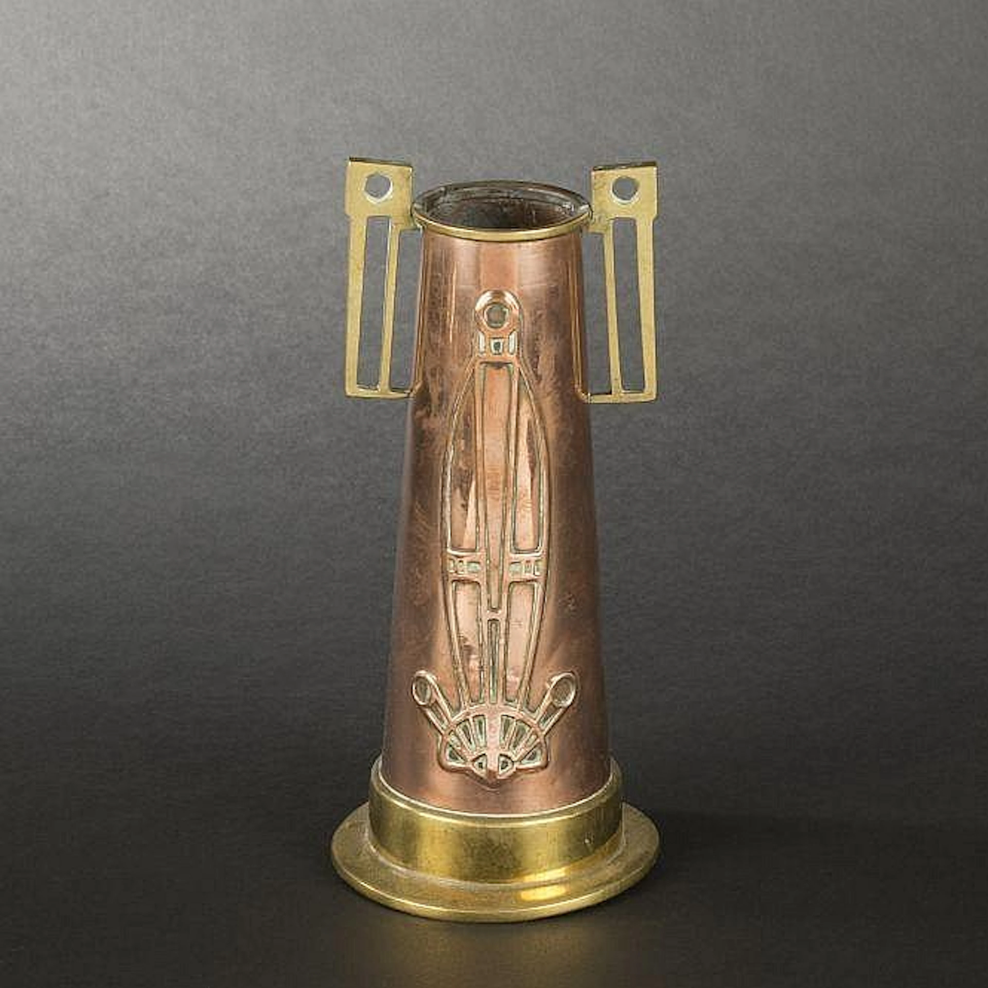 Cylindrical copper and brass vase, Circa 1900