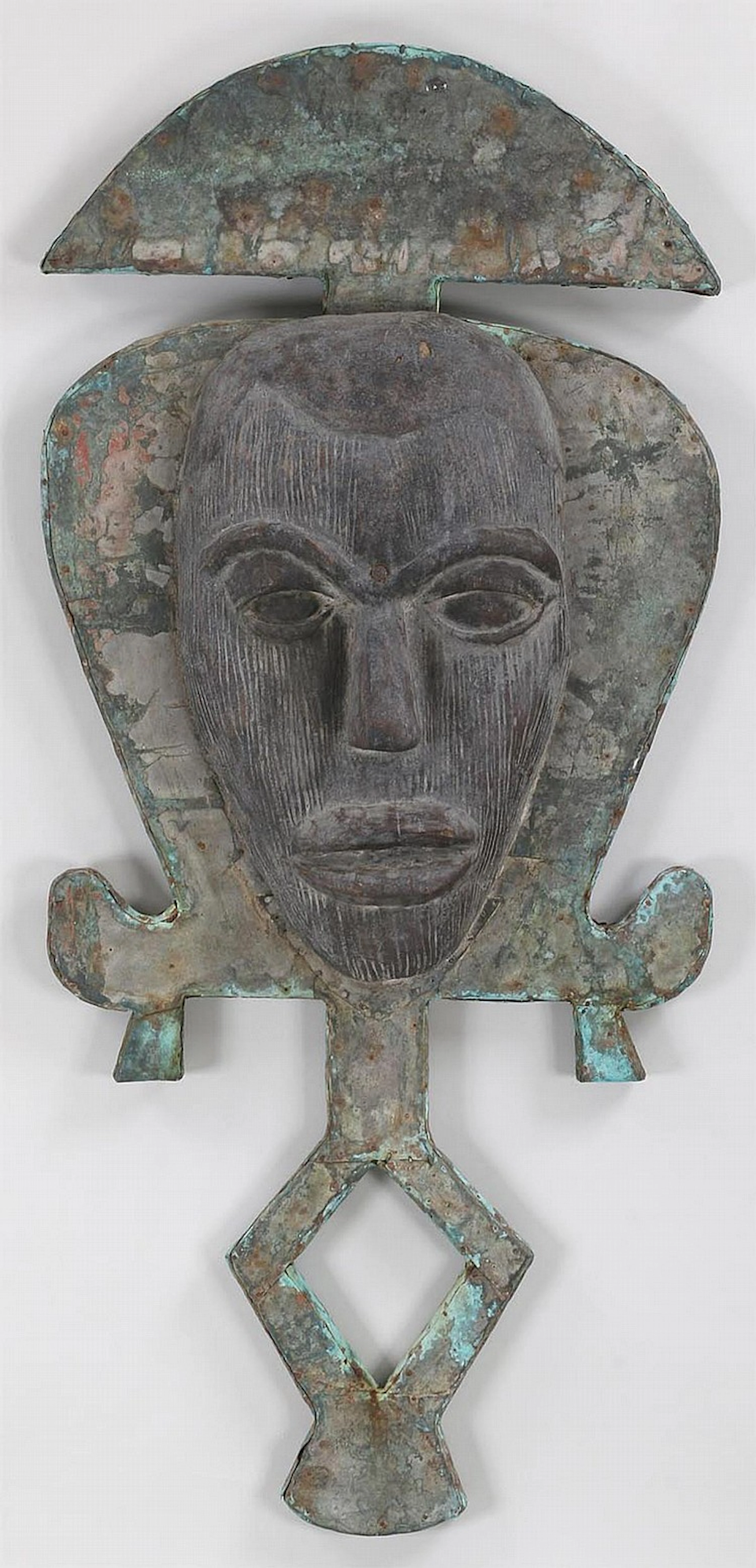 Large metal wrapped carved wood Moroccan mask
