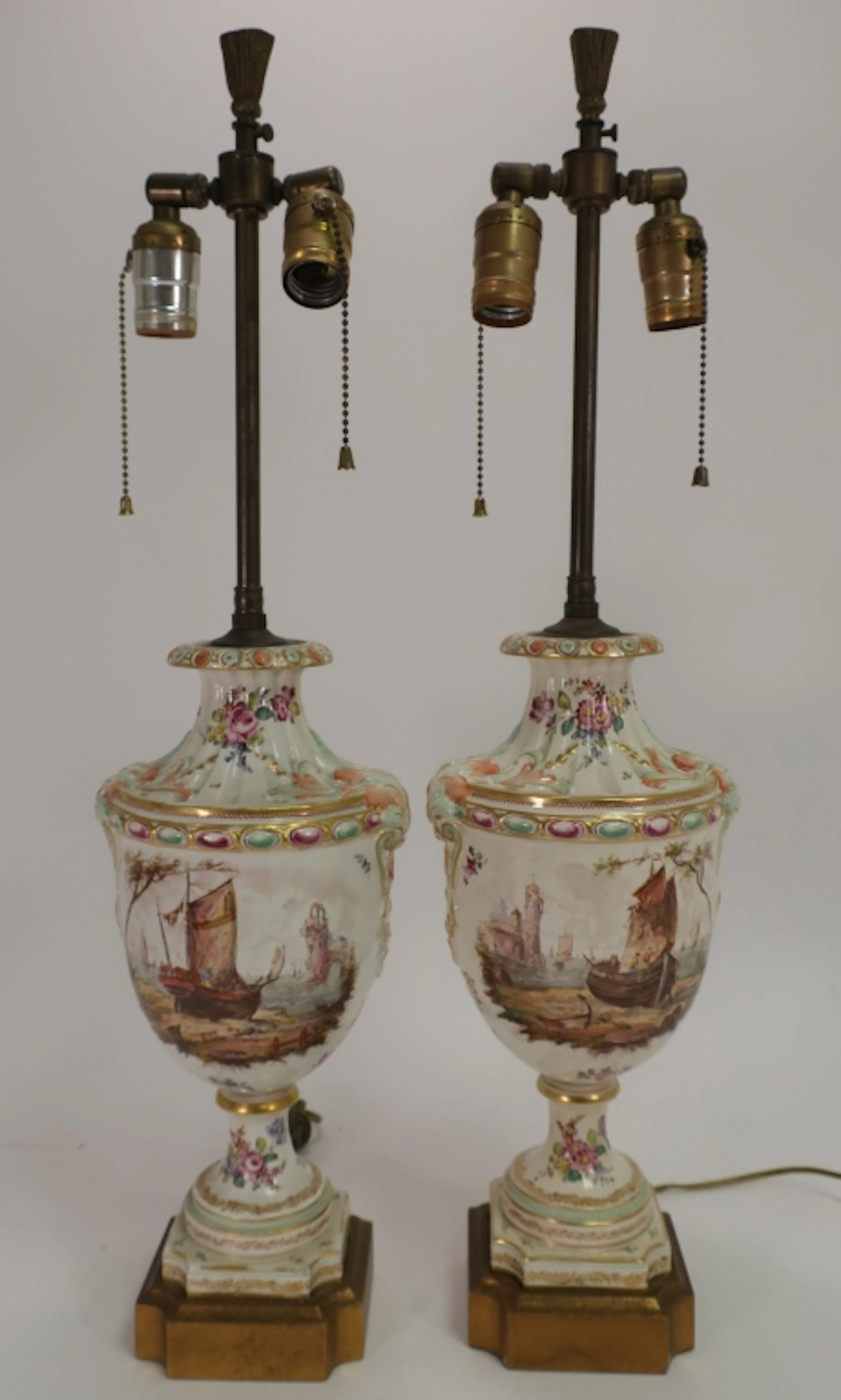 Pr. of Continental Porcelain Urn Vases as Lamps