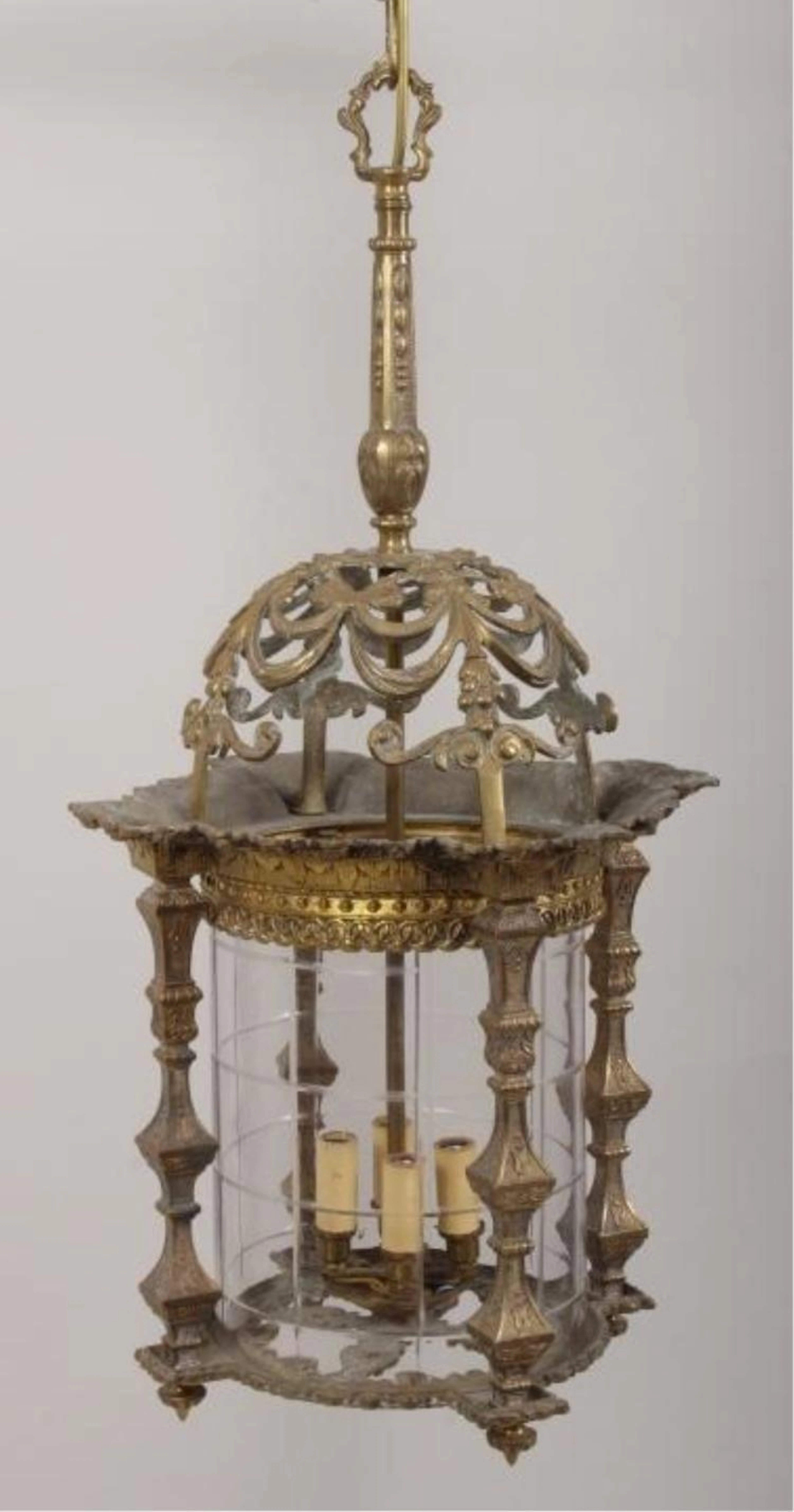 Ornate 4-Sided Bronze Faceted Glass Hall Lantern