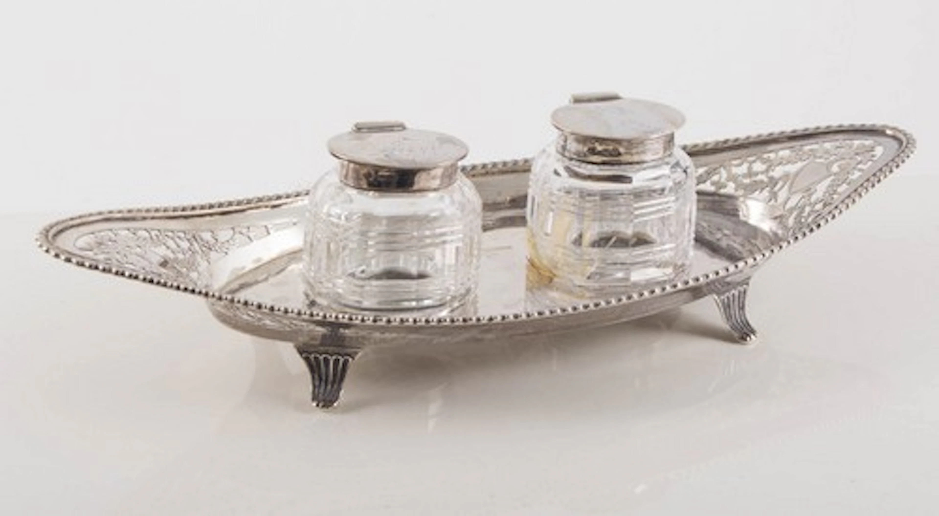 Late Victorian navette-shape silver inkwell
