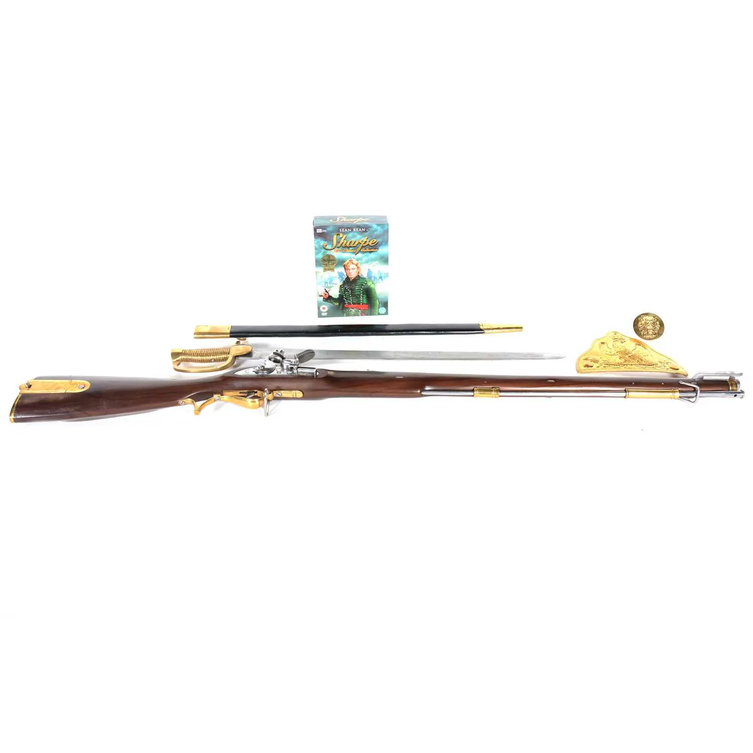 Replica Baker rifle and bayonet, reproduction gilt metal shako | Barnebys