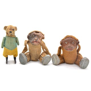 Schuco Germany clock-work walking bear toy and two monkeys