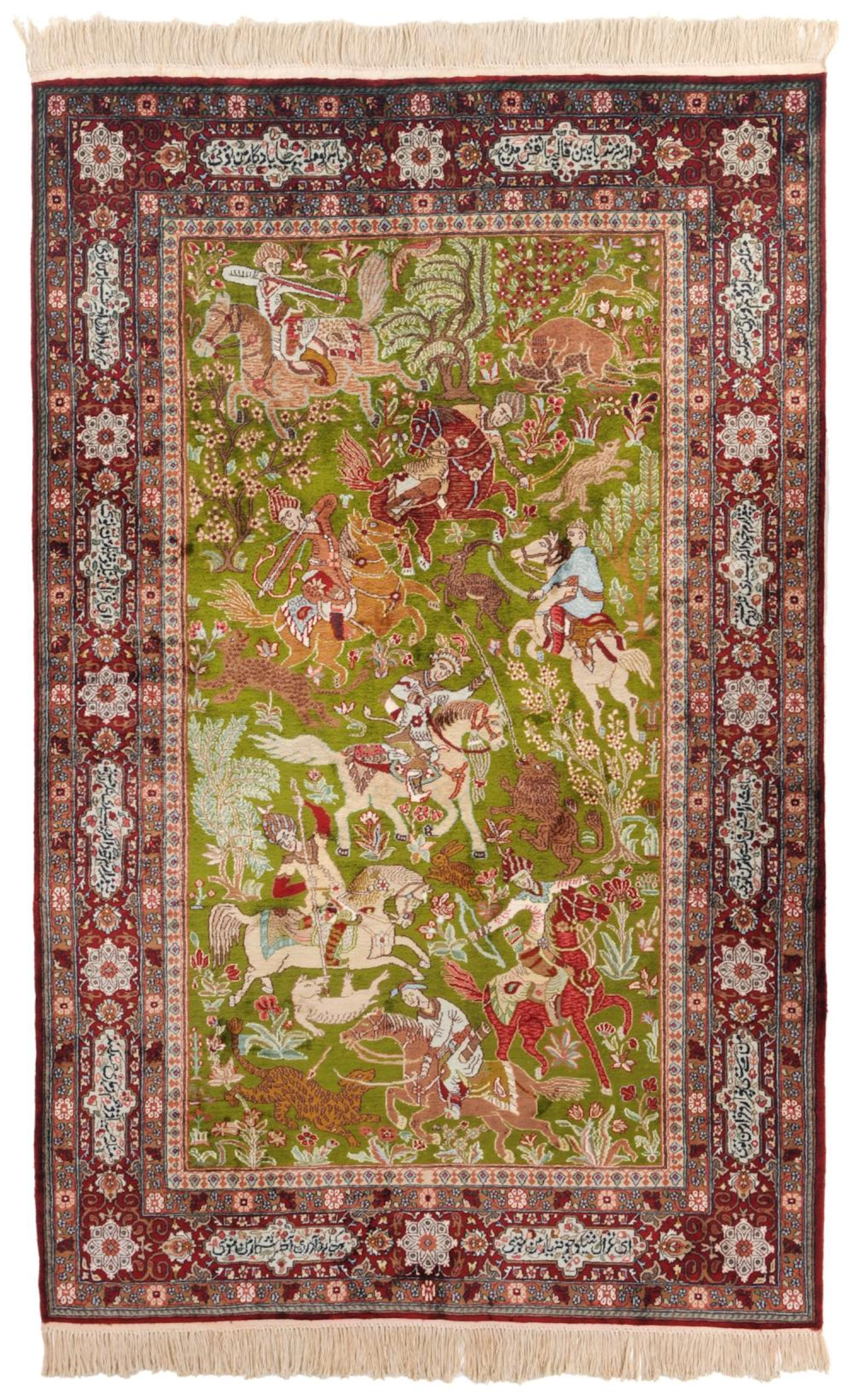 Teppich mit Jagdszenen. Wohl Ghom, Zentraliran. Late 20th cent.