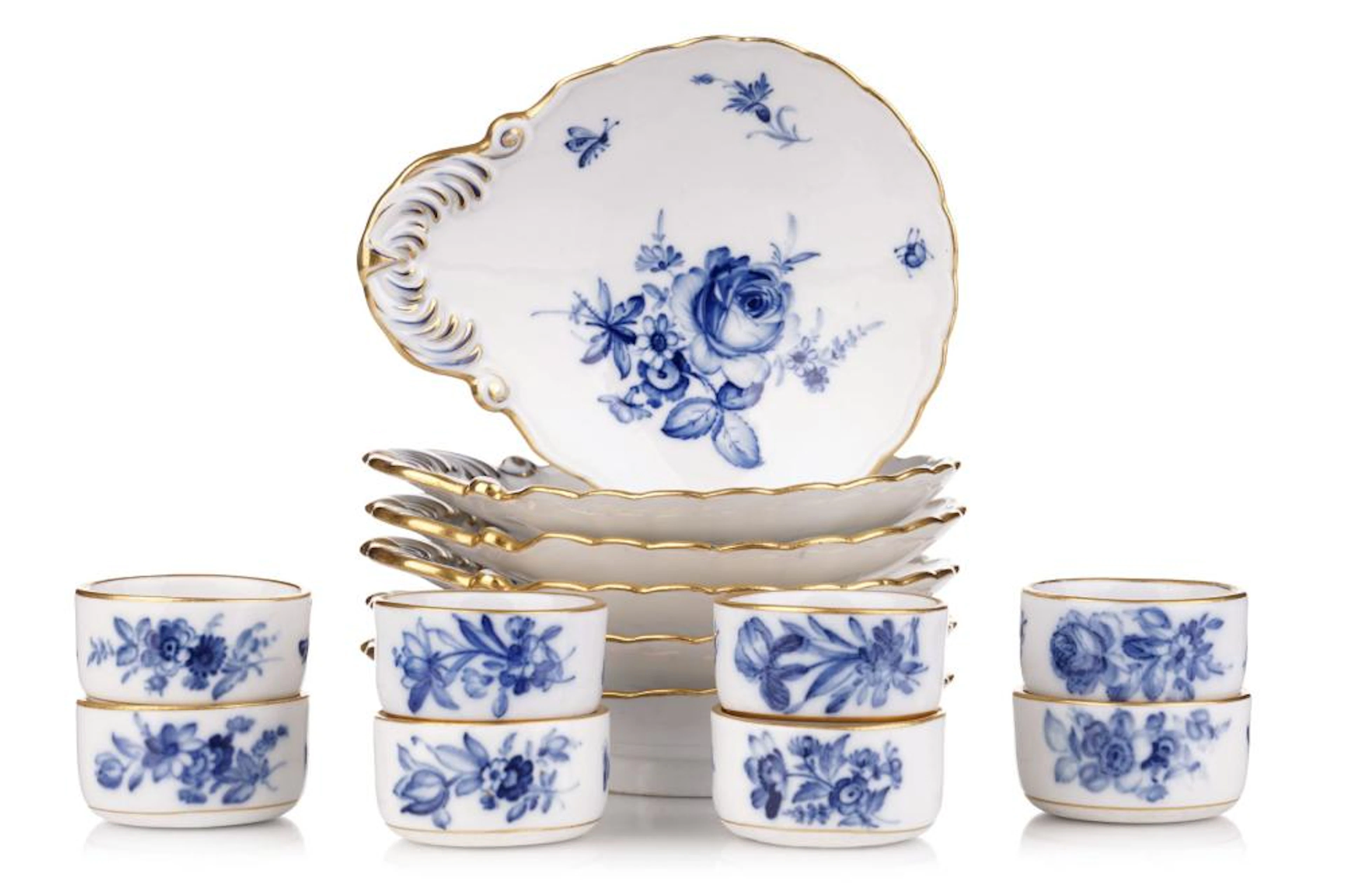 Acht Salznäpfchen und sechs Beilagenschalen "Blaue Blume und Insekten"