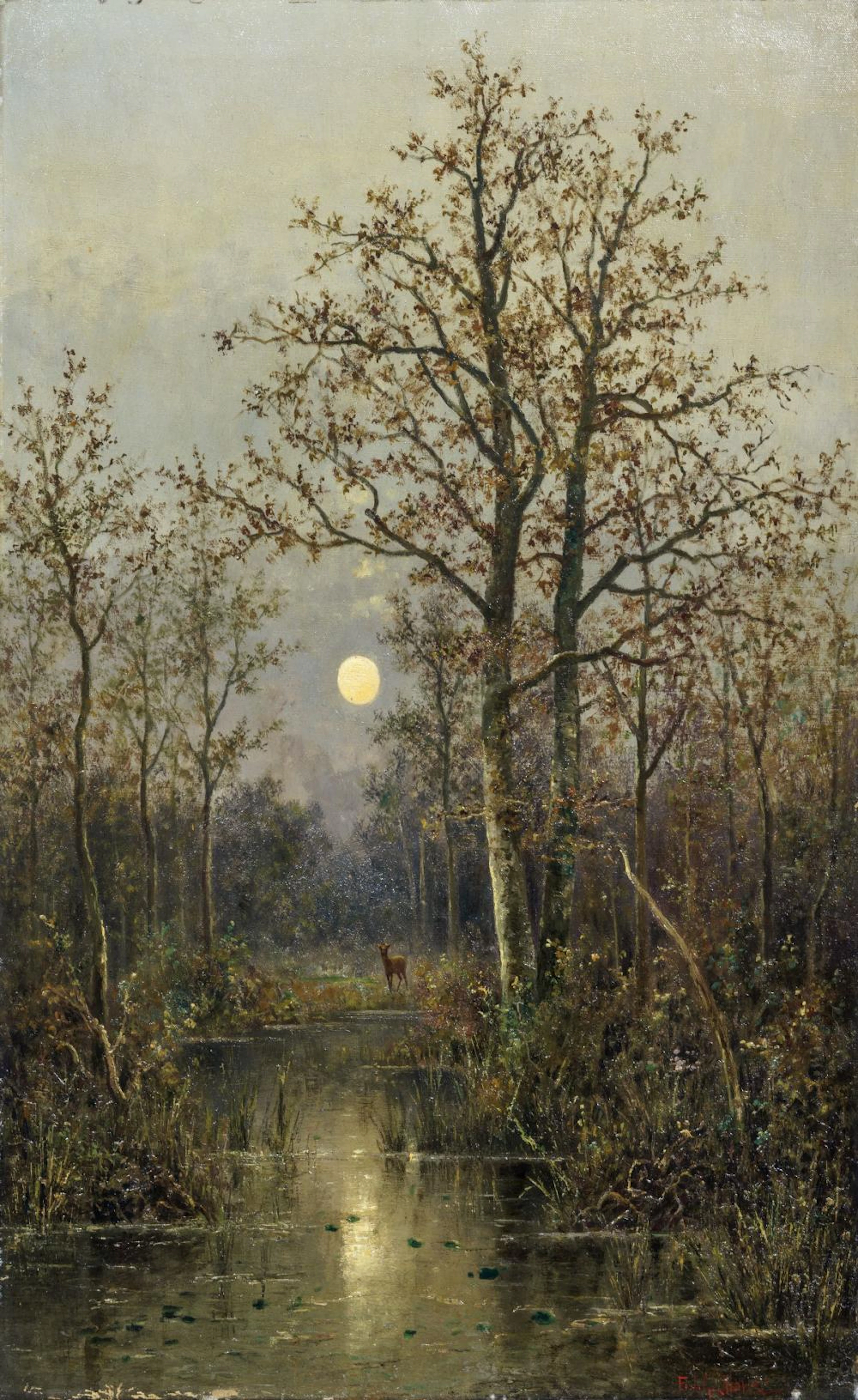 Franz Josef Georg Illem, Reh am nächtlichen Waldweiher. Wohl 1880er/ 1890''s.