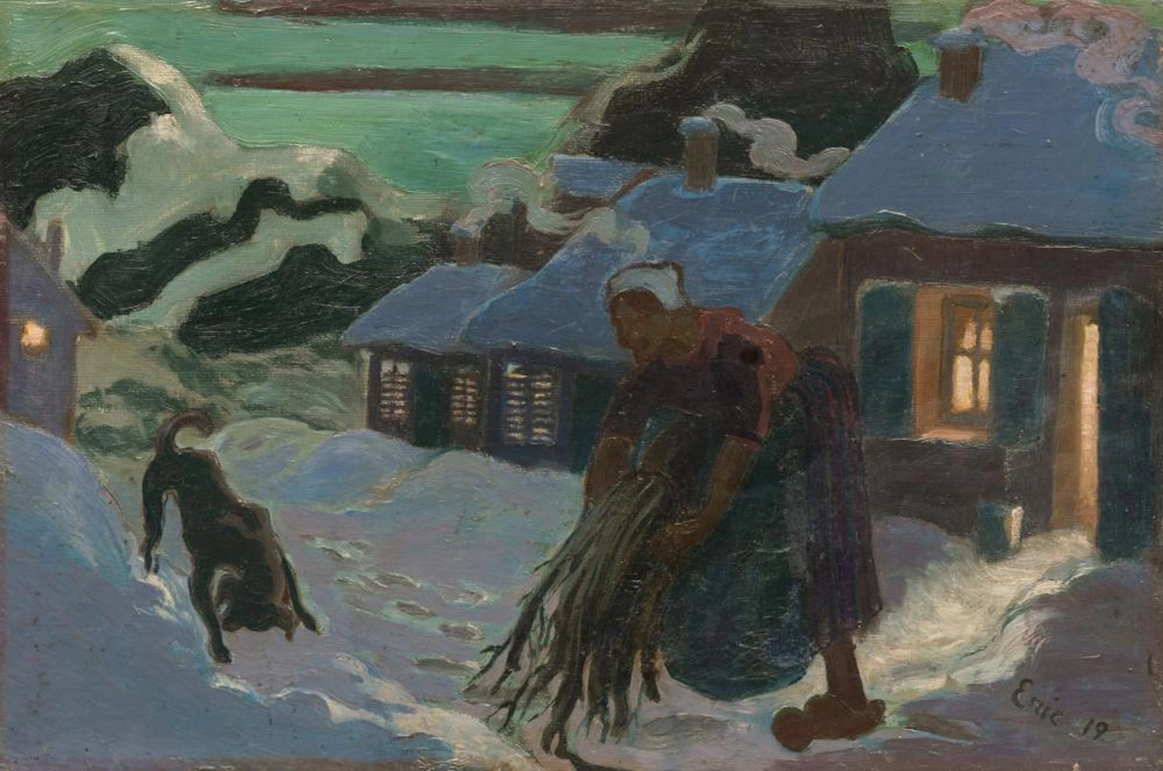 Eric Johansson, Reisigtragende Bäuerin im winterlichen Dorf (Bayern?). 1919.