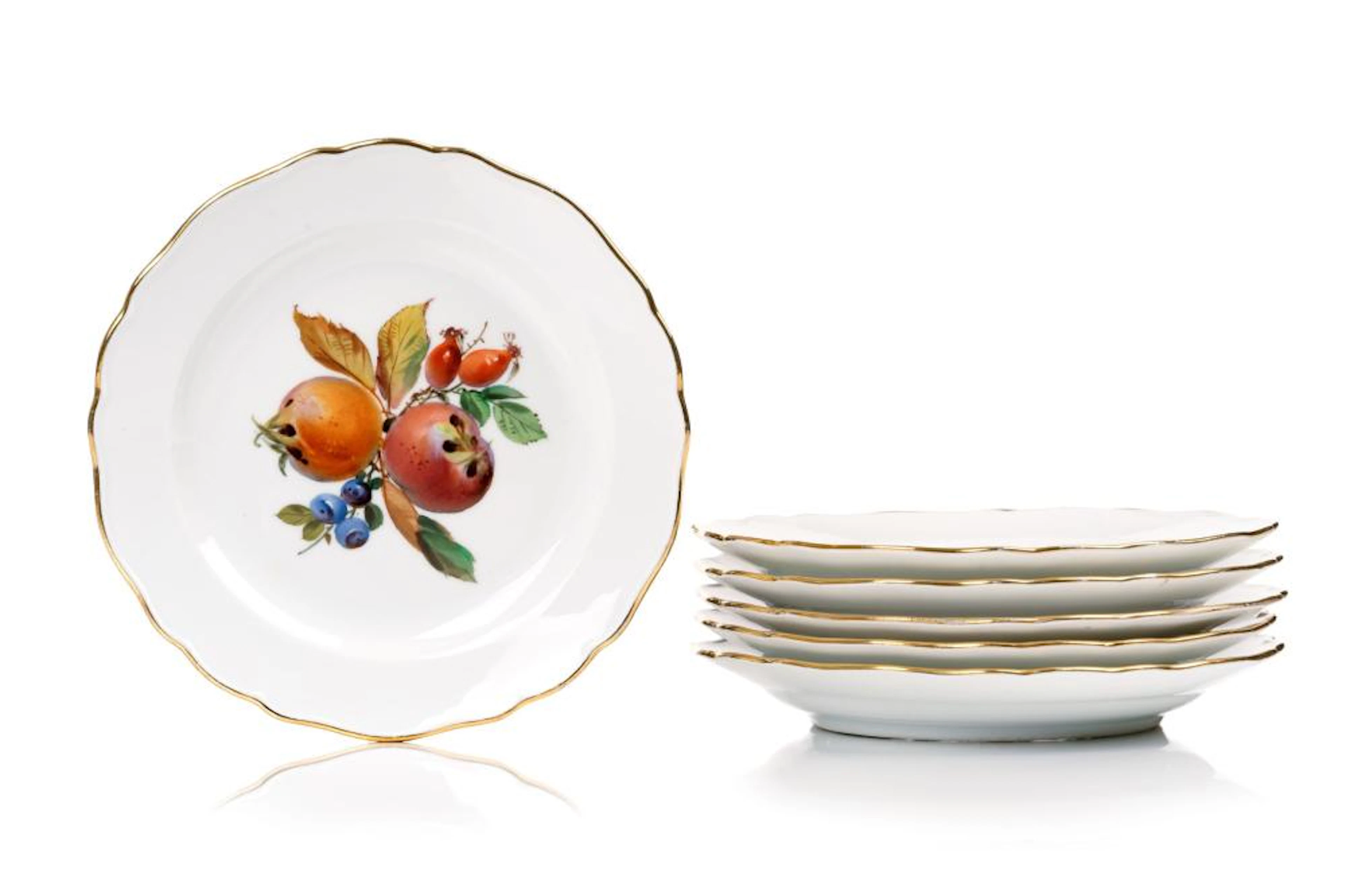 Sechs Desertteller mit Obstmalerei. Meissen. Um 1900.