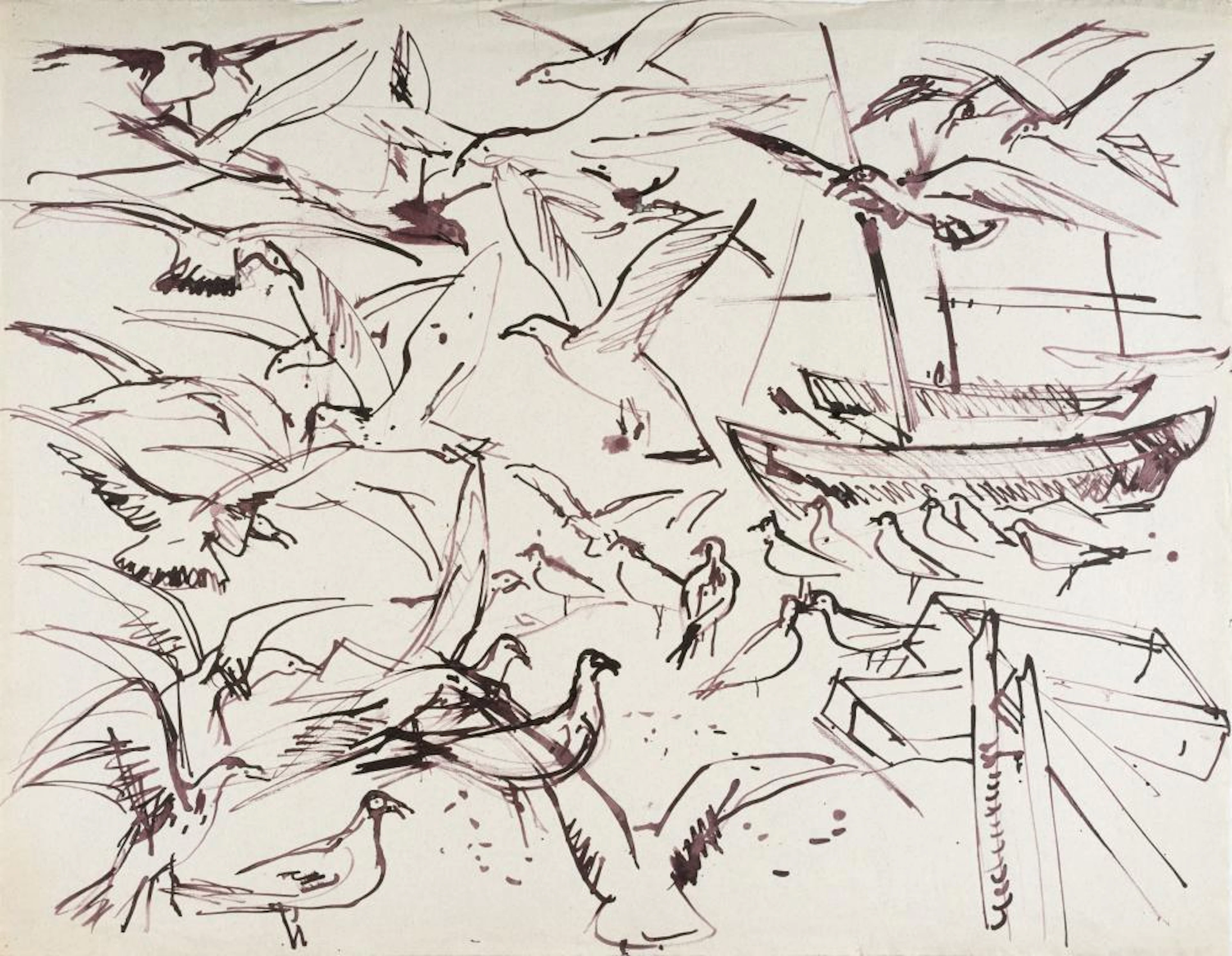 Erhard Hippold, Möwen / (Ahrenshoop ?) / "Hafen Wollgast [sic!] II". 1958.