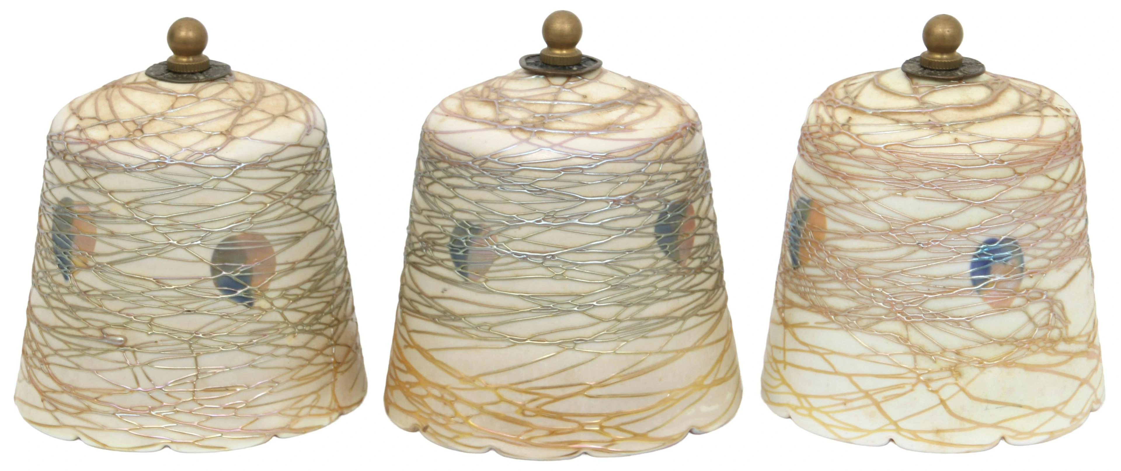Group of Three Threaded Art Glass Shades