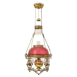 Victorian Brass & Cranberry Opalescent Hobnail Glass Hanging Library Lamp