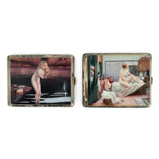 Enamel-Decorated Sterling Silver Cigarette Case and an Alpacca Enamel-Decorated