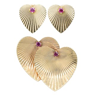14K Yellow Gold & Ruby Brooch and Earrings Set
