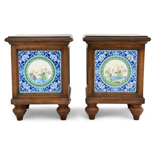 Pair of Walnut Stands with Longwy Pottery Tiles