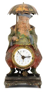 Painted Metal Mechanical Alarm Clock with a Chinese Man Holding an Umbrella