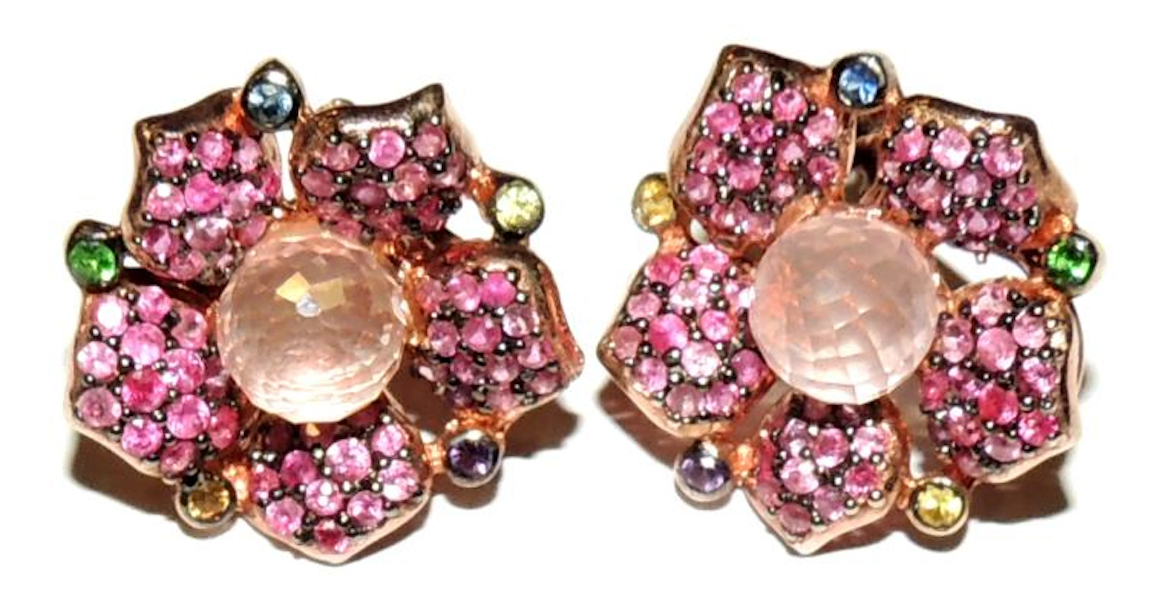FACETED PINK QUARTZ, MULTI TONE SAPPHIRES AND GARNETS SILVER EARRINGS