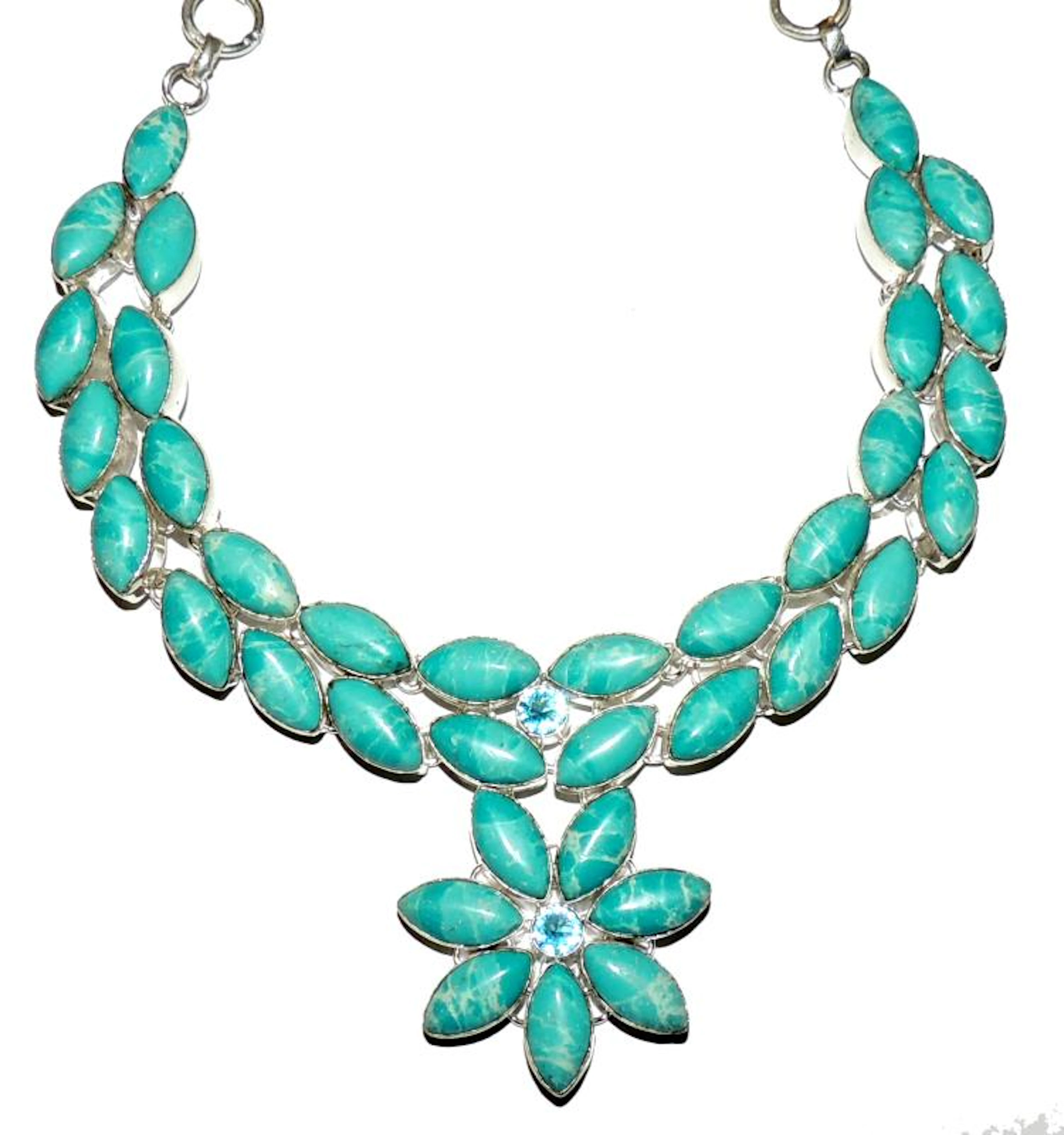 NAVETTE CUT TURQUOISES SILVER NECKLACE
