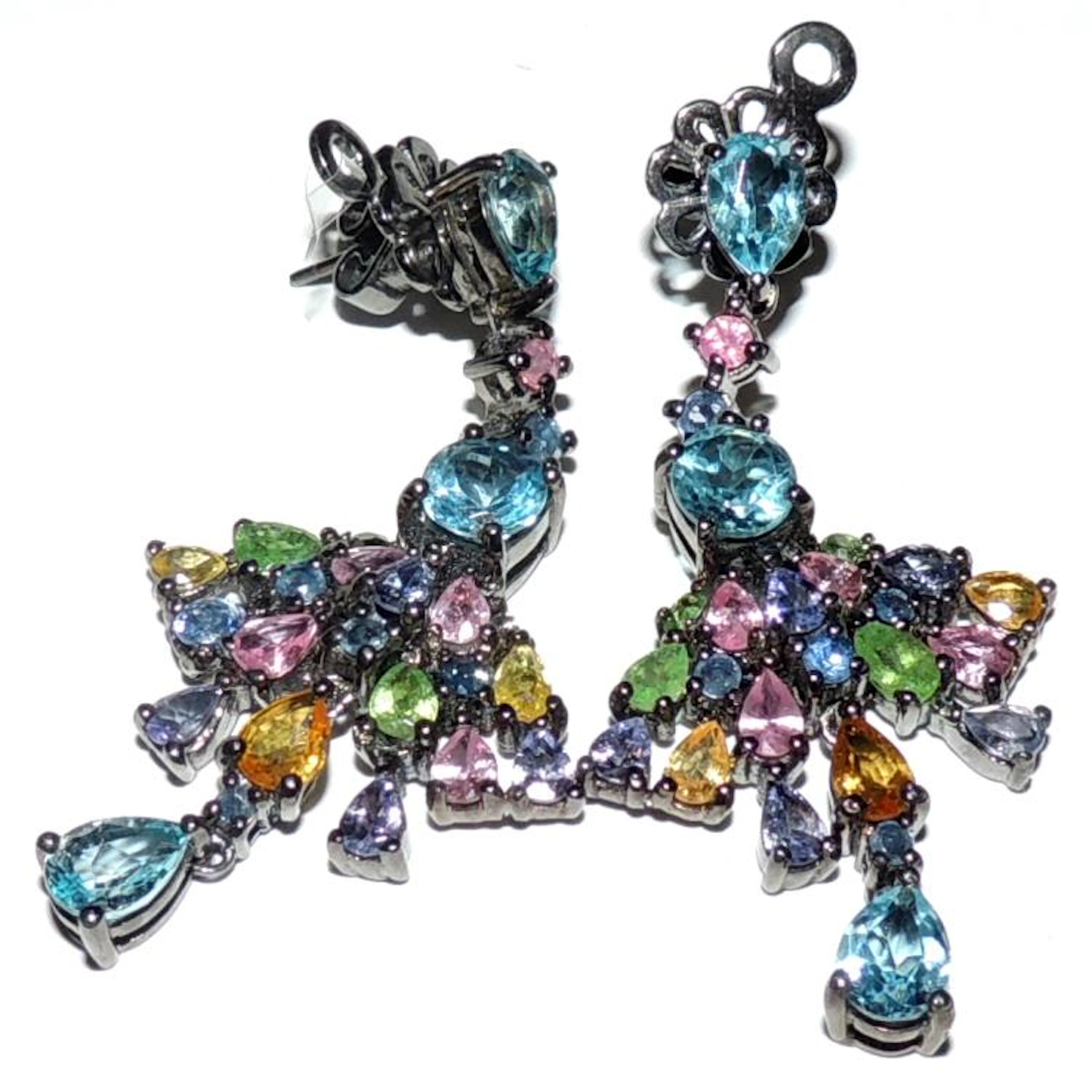 BLUE TOPAZ, TANZANITES, PERIDOTS AND MULTICOLOURED SAPPHIRES SILVER EARRINGS