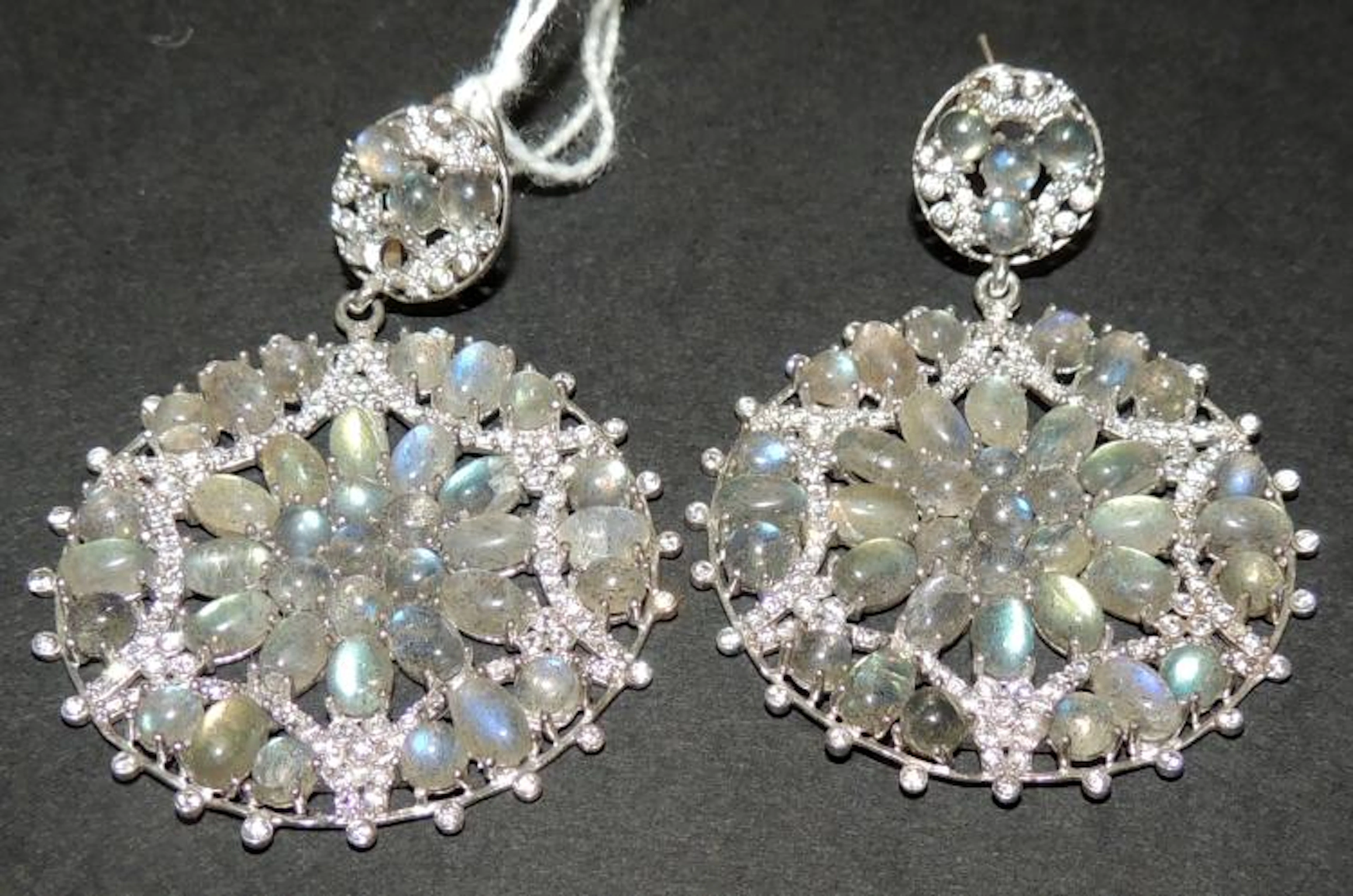 MOONSTONE AND COLORLESS SAPPHIRES SILVER LONG EARRINGS