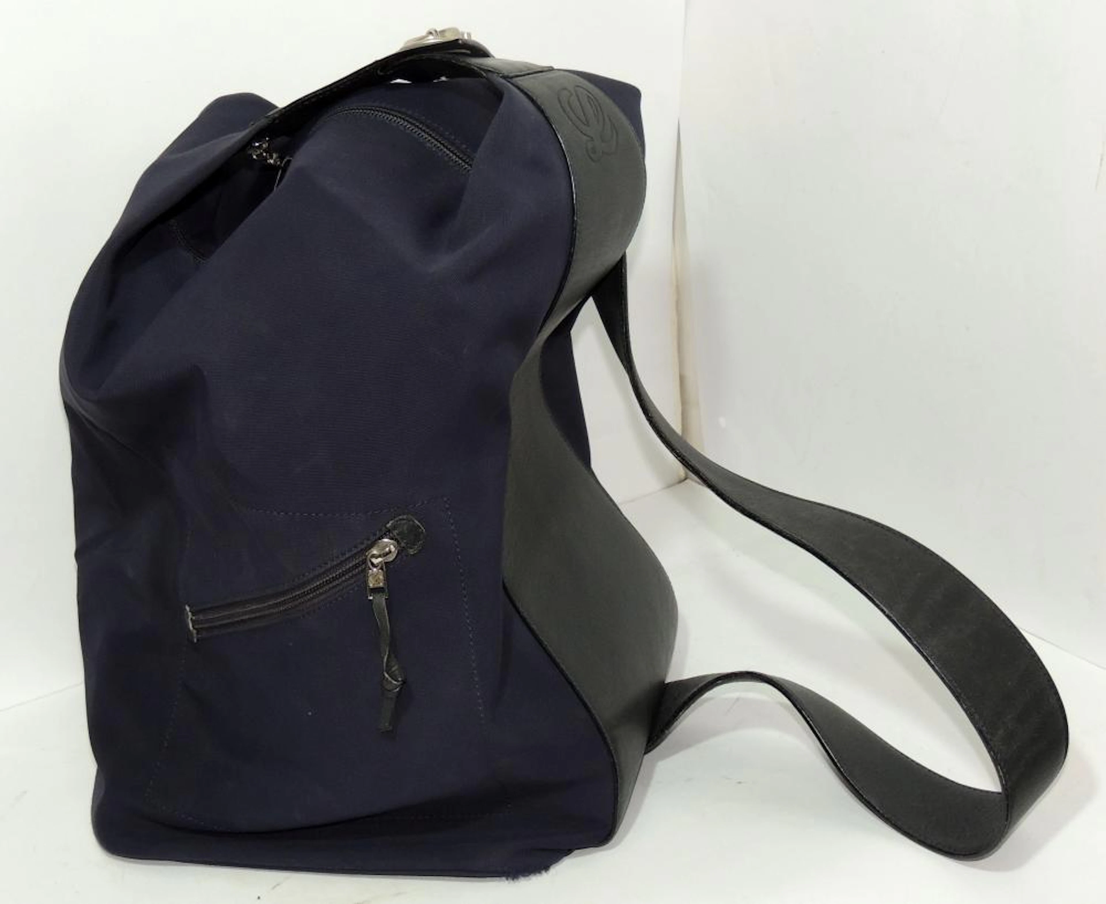 LOEWE "SAC" bag in canvas and navy blue leather.