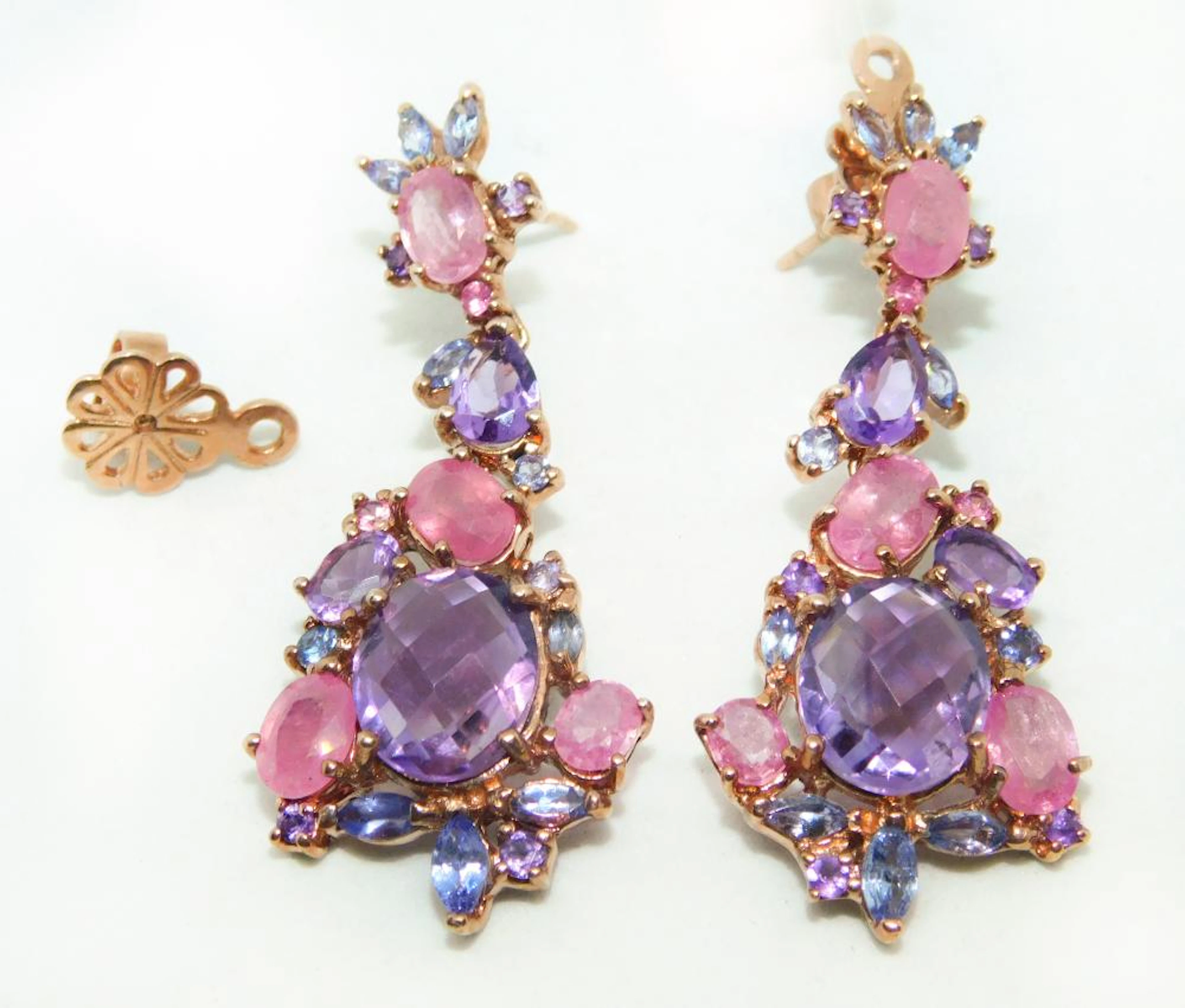 PENDIENTES en plata con baño en oro rosa con tanzanitas y zafiras rosas