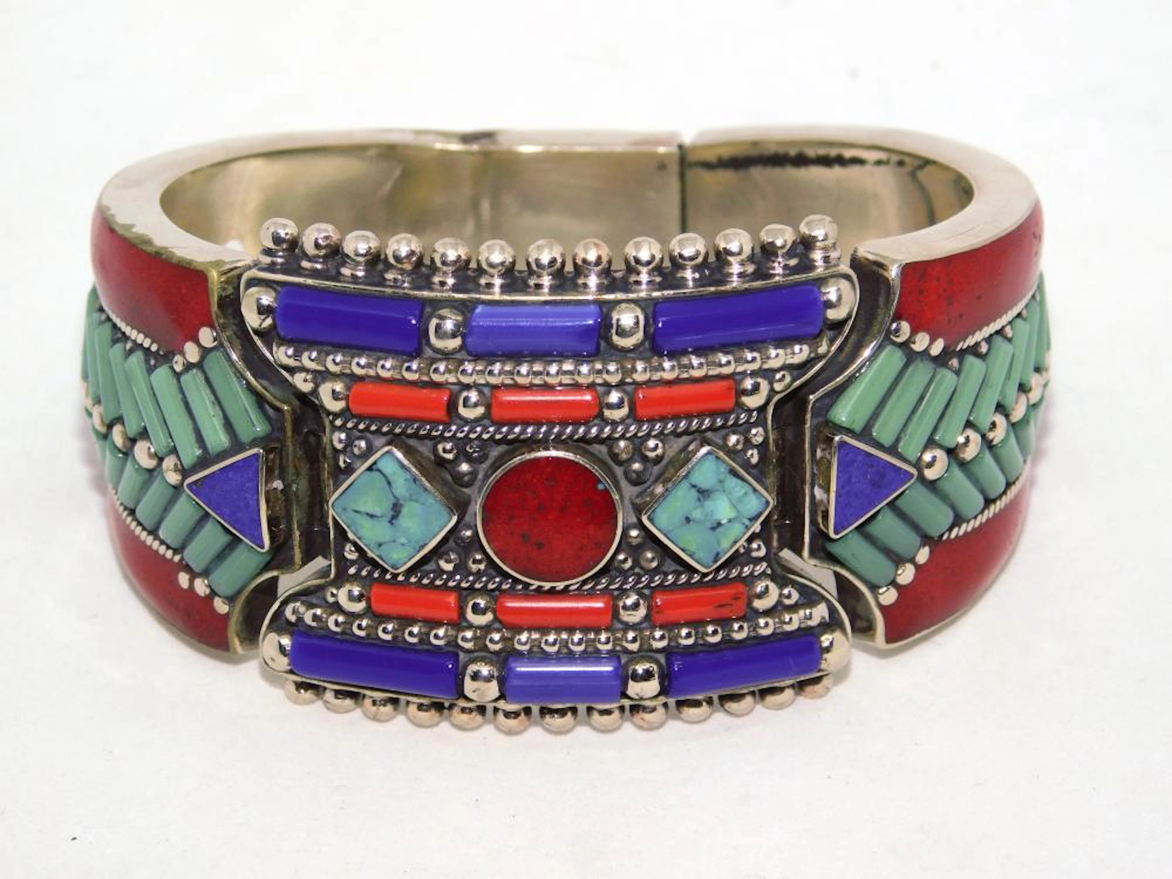 PULSERA TIBETANA en plata 925 con lapislázuli, turquesas y esmaltes.