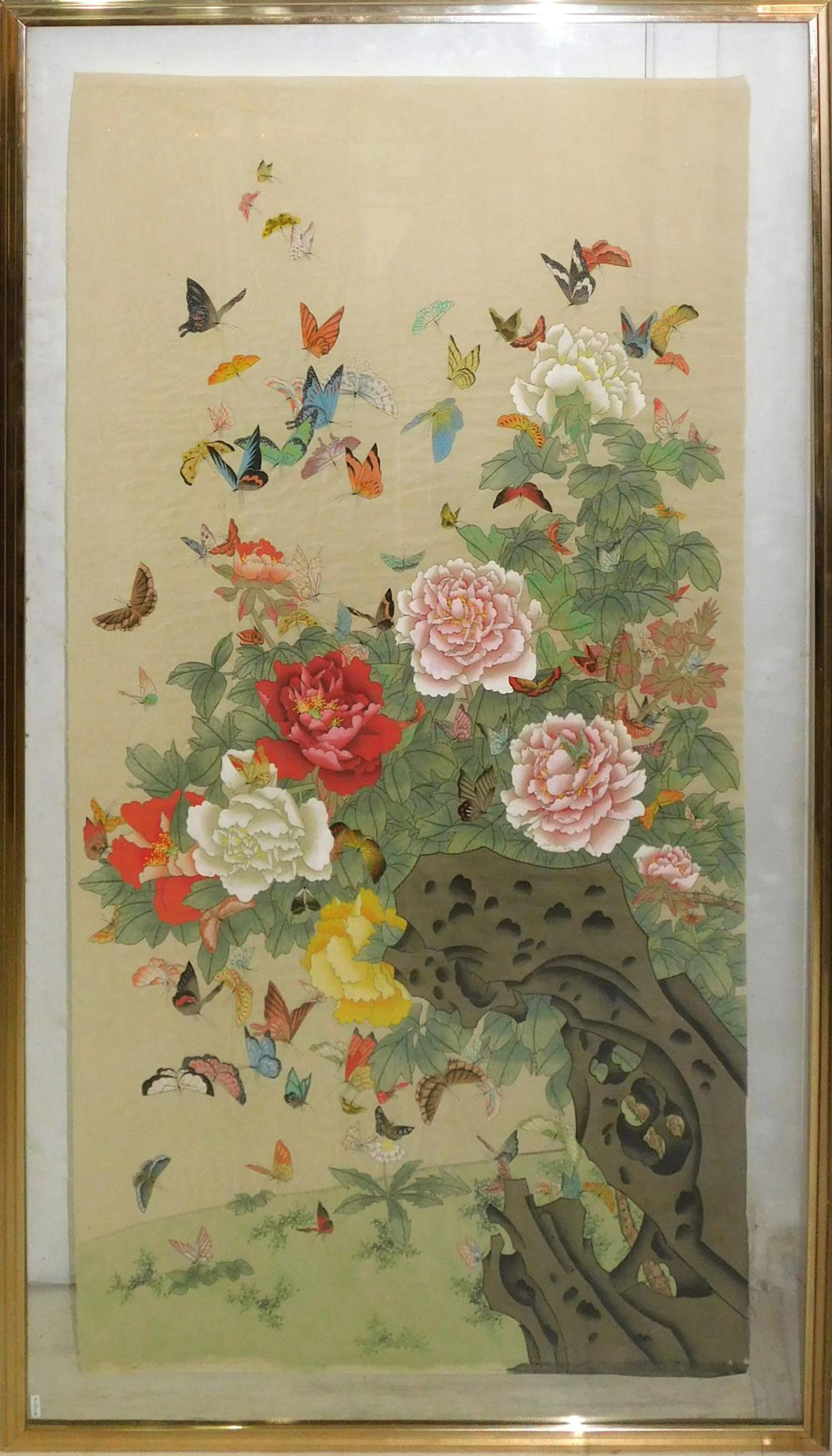 PINTURA SOBRE SEDA ORIENTAL "MARIPOSAS" óleo sobre táblex 60x115 cm.