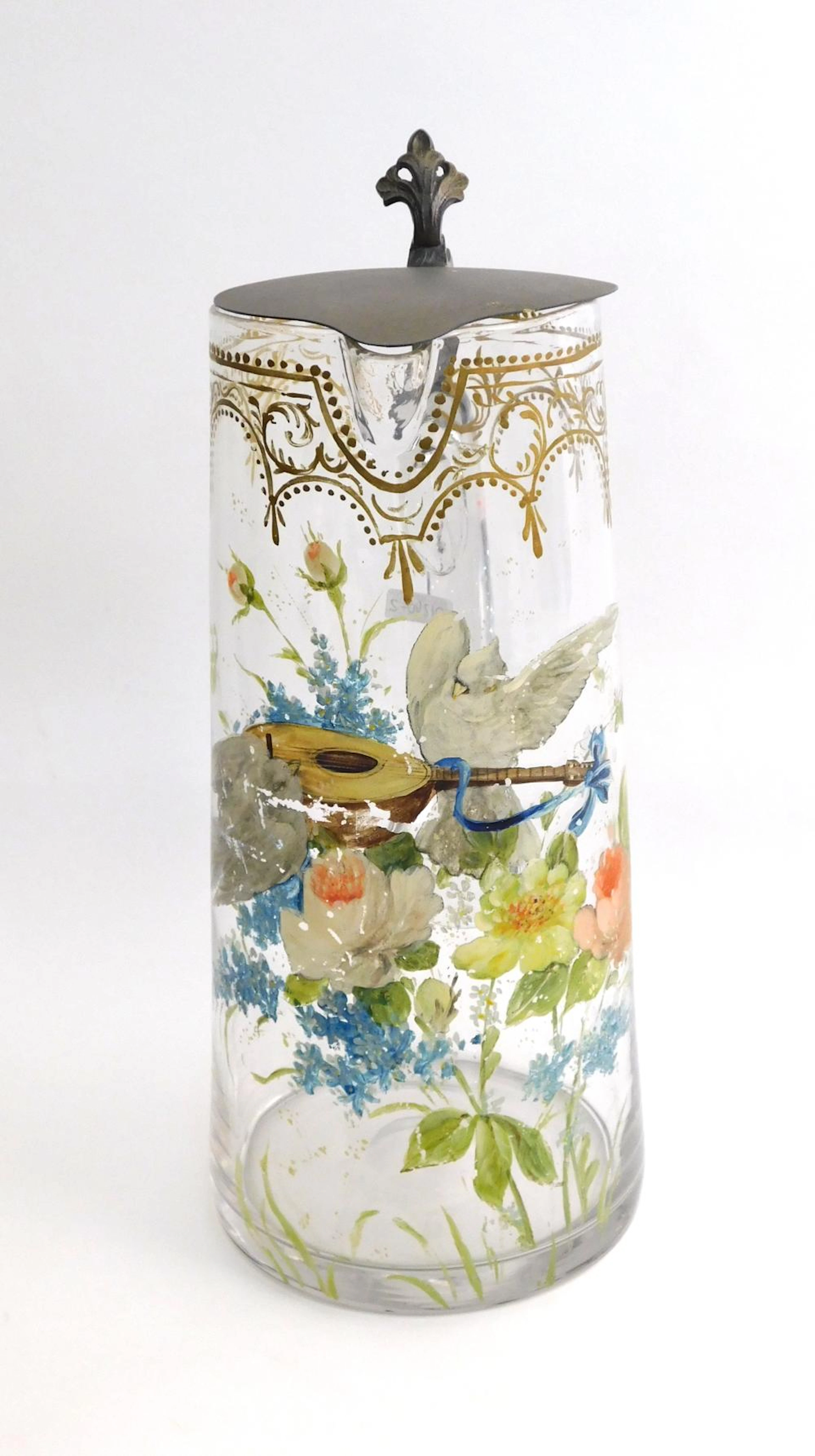 ANTIGUA JARRA DECORADA "ALEGORÍA" en cristal pintado a mano