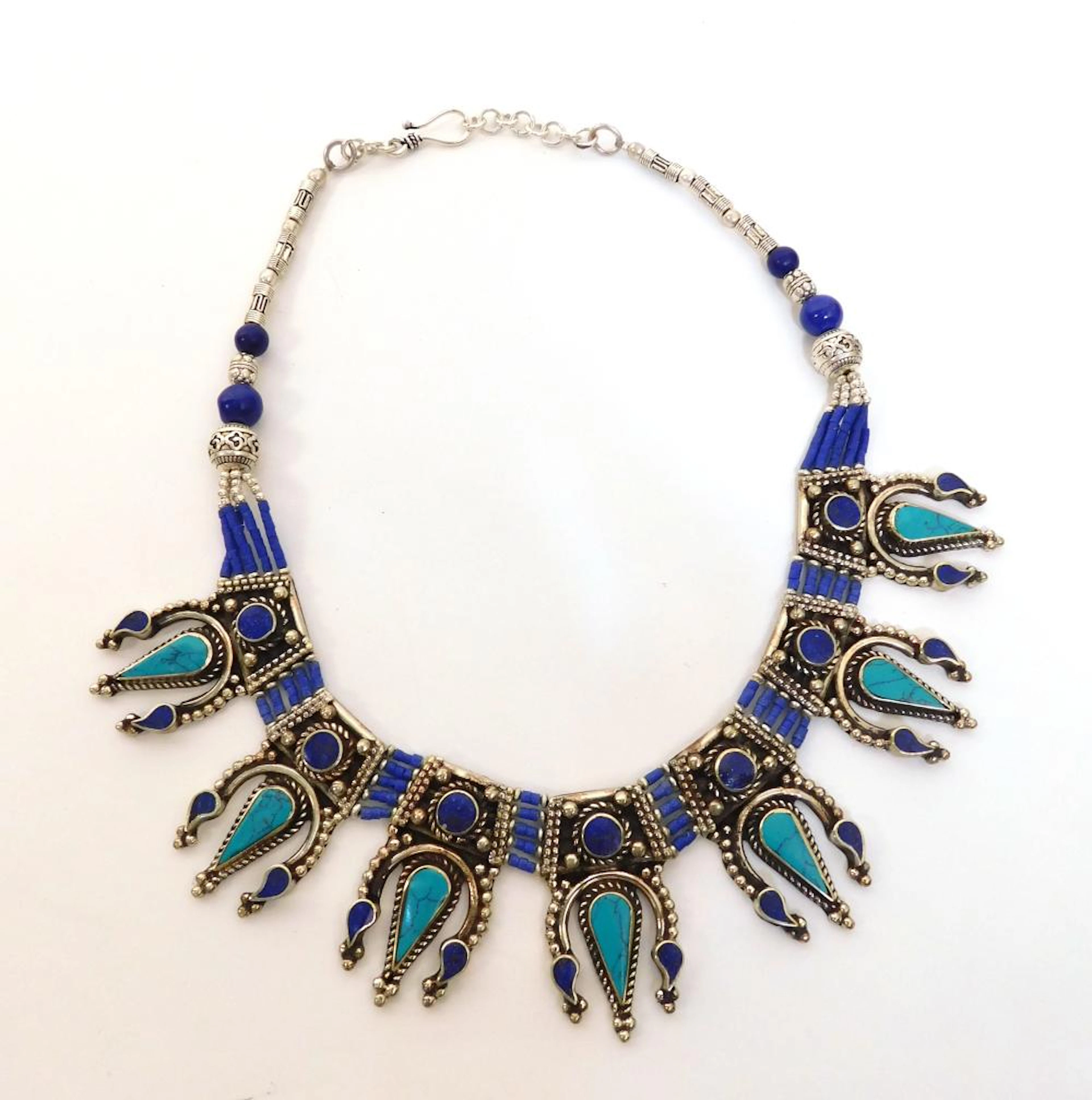 COLLAR GARGANTILLA ÉTNICO en plata con piedras de lápislázuli y turquesas